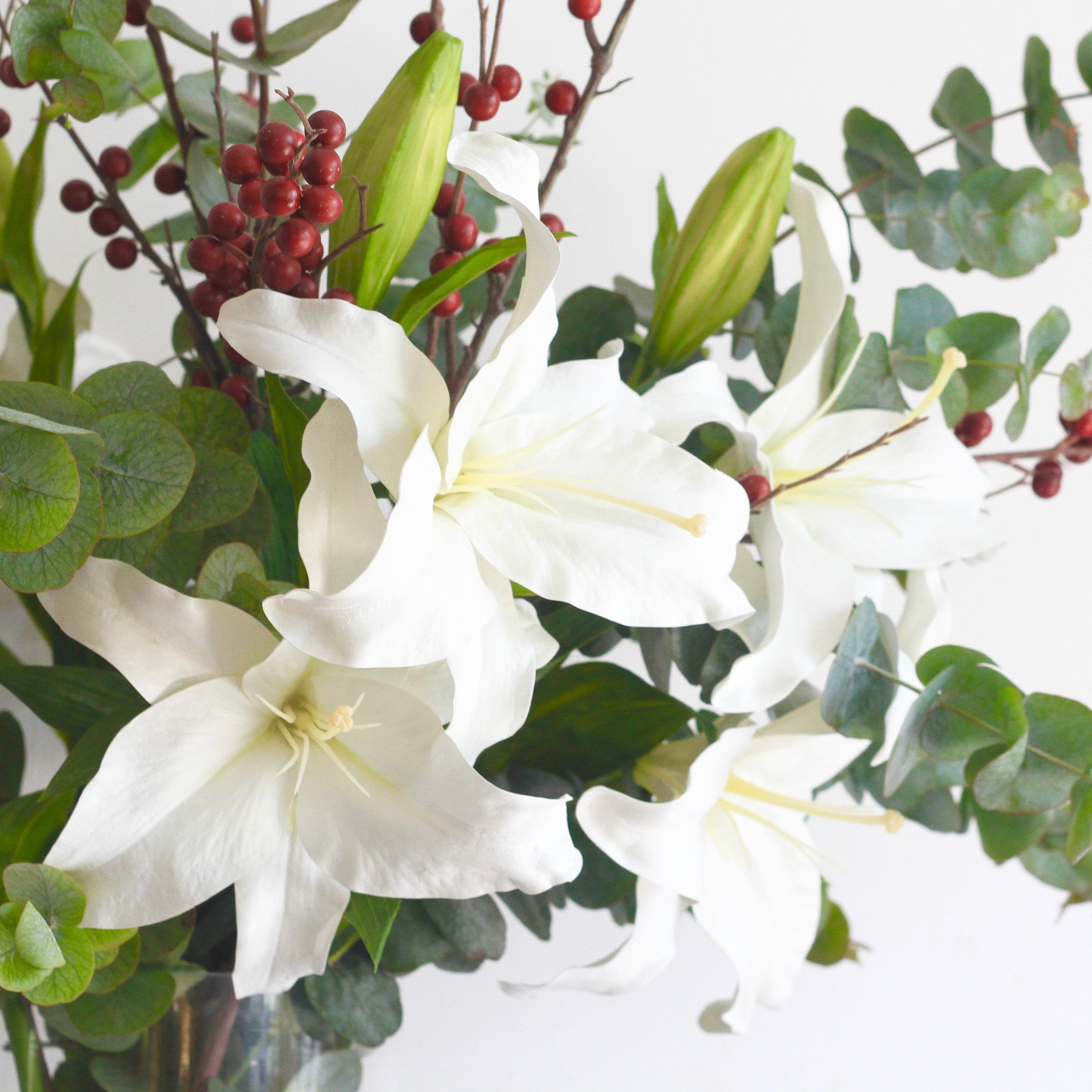 Luxury artificial flowers white lily, realistic faux and lifelike silk flowers 