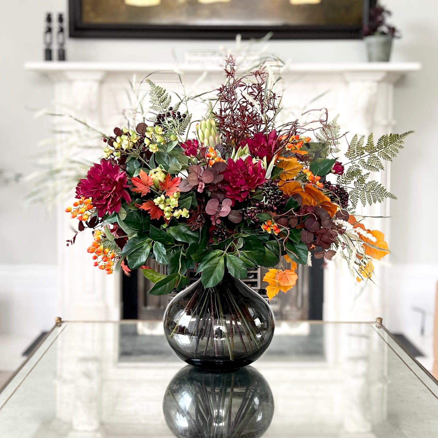 Perfecting our Signature Autumn Collection of Luxury Lifelike Realistic Artificial Fabric Silk Luxury Flower Autumn Splendour Deluxe Stem Bouquets with Foliage in Smoky Grey Bulb Vase ABV0203 Buy Online from The Faux Flower Company