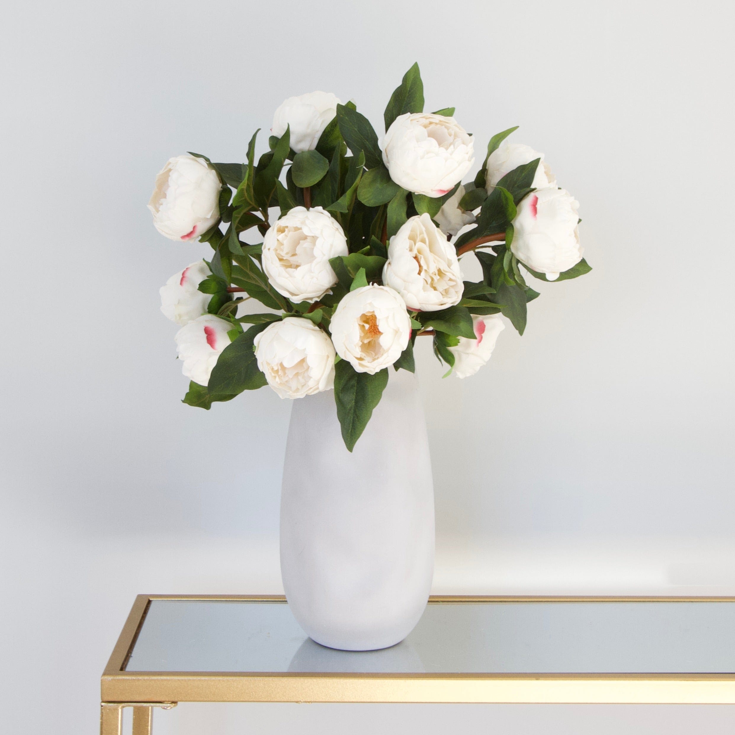 Luxury Realistic Artificial Fabric Silk White Two Bloom Real Touch Peony Buy Online from The Faux Flower Company | 7 stems of White Real Touch Peony ABZ9148WH styled in Naunton Vase ABP525B