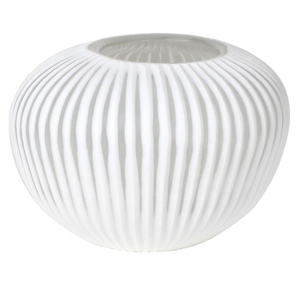 White asymmetric ribbed ceramic vase with a coastal design, featuring a fluted surface texture, perfect for modern home decor buy online from the faux flower company