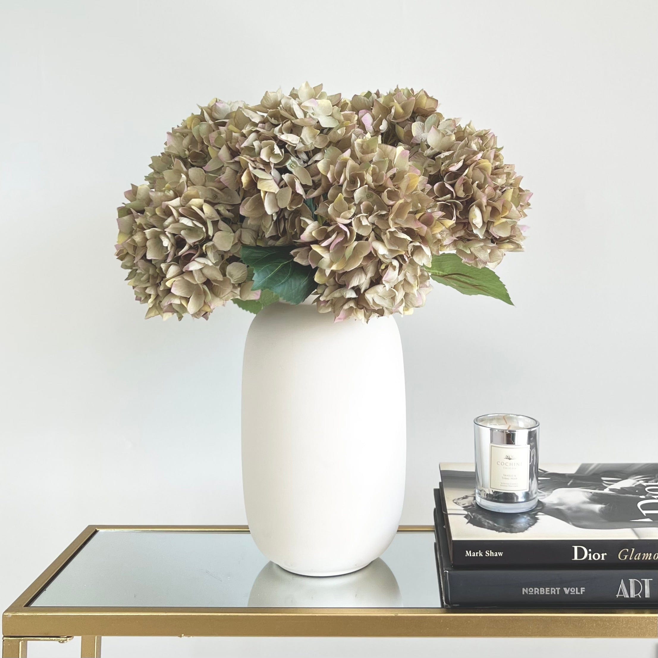 Artificial flowers luxury faux silk green beige hydrangea kingham vase lifelike realistic faux flowers ABP04B3 ABX5005GR