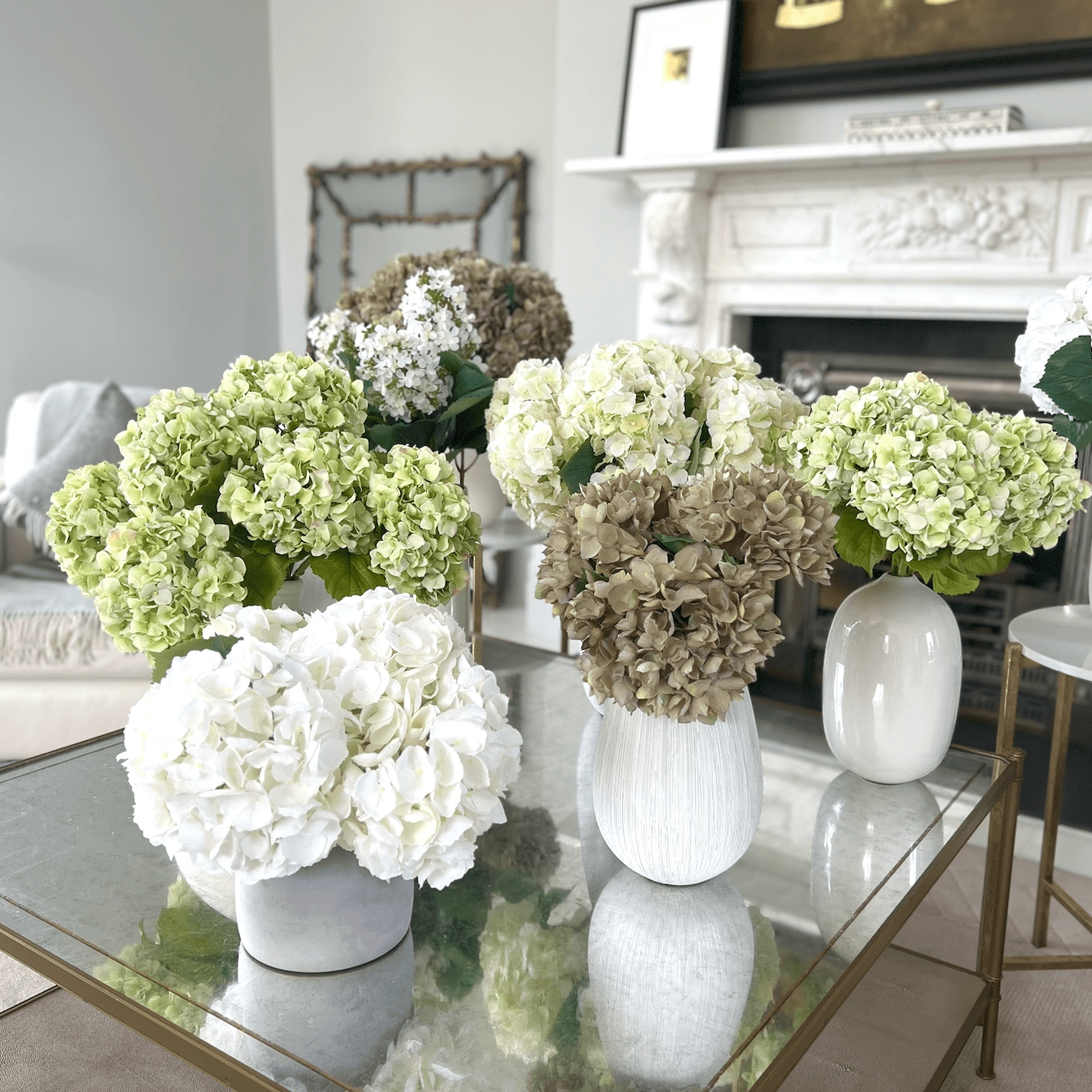 Artificial flowers luxury faux silk green cream white hydrangea vase lifelike realistic faux flowers 