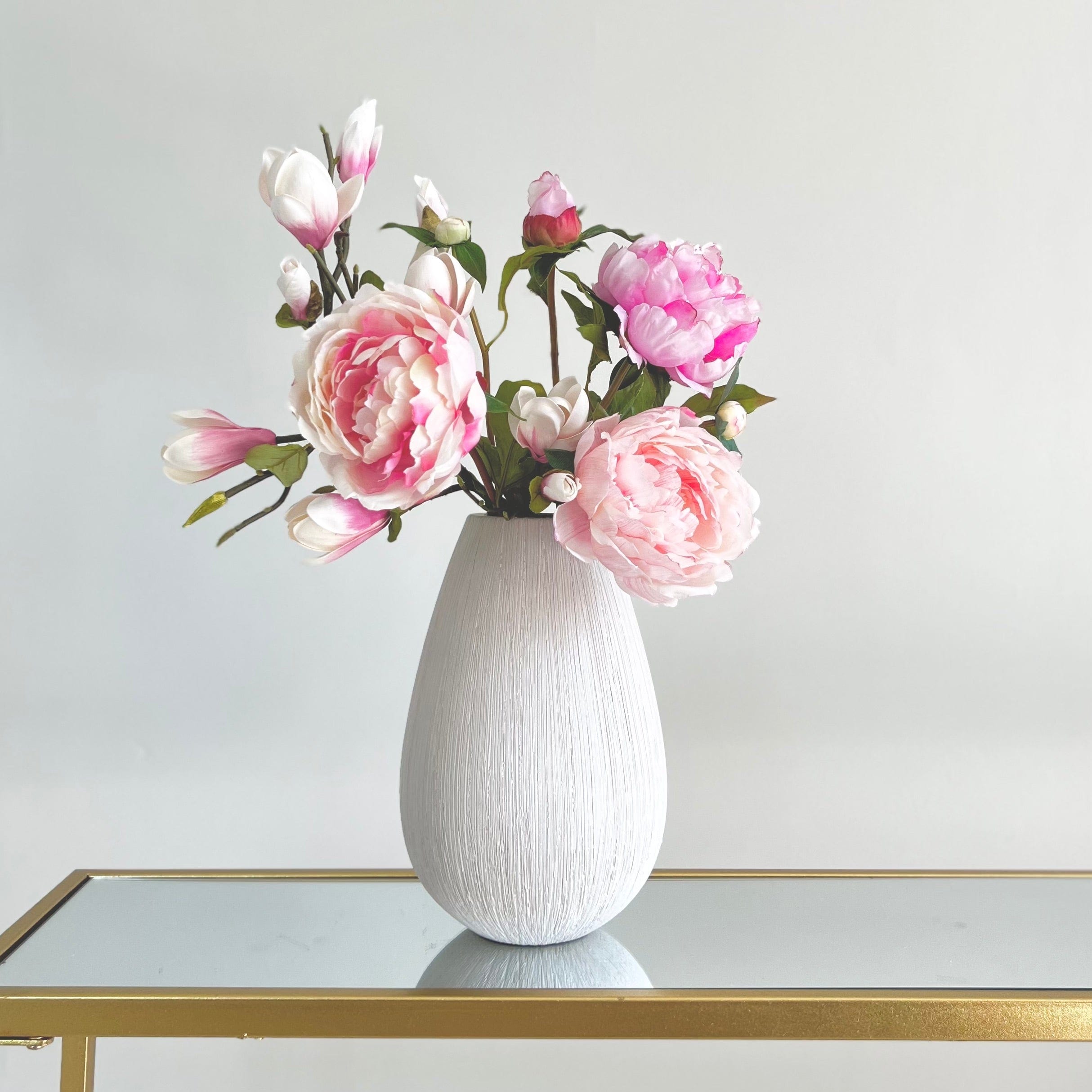 Artificial flowers luxury faux silk pink magnolia and peony bouquet arrangement bibury vase lifelike realistic faux flowers ABP1513