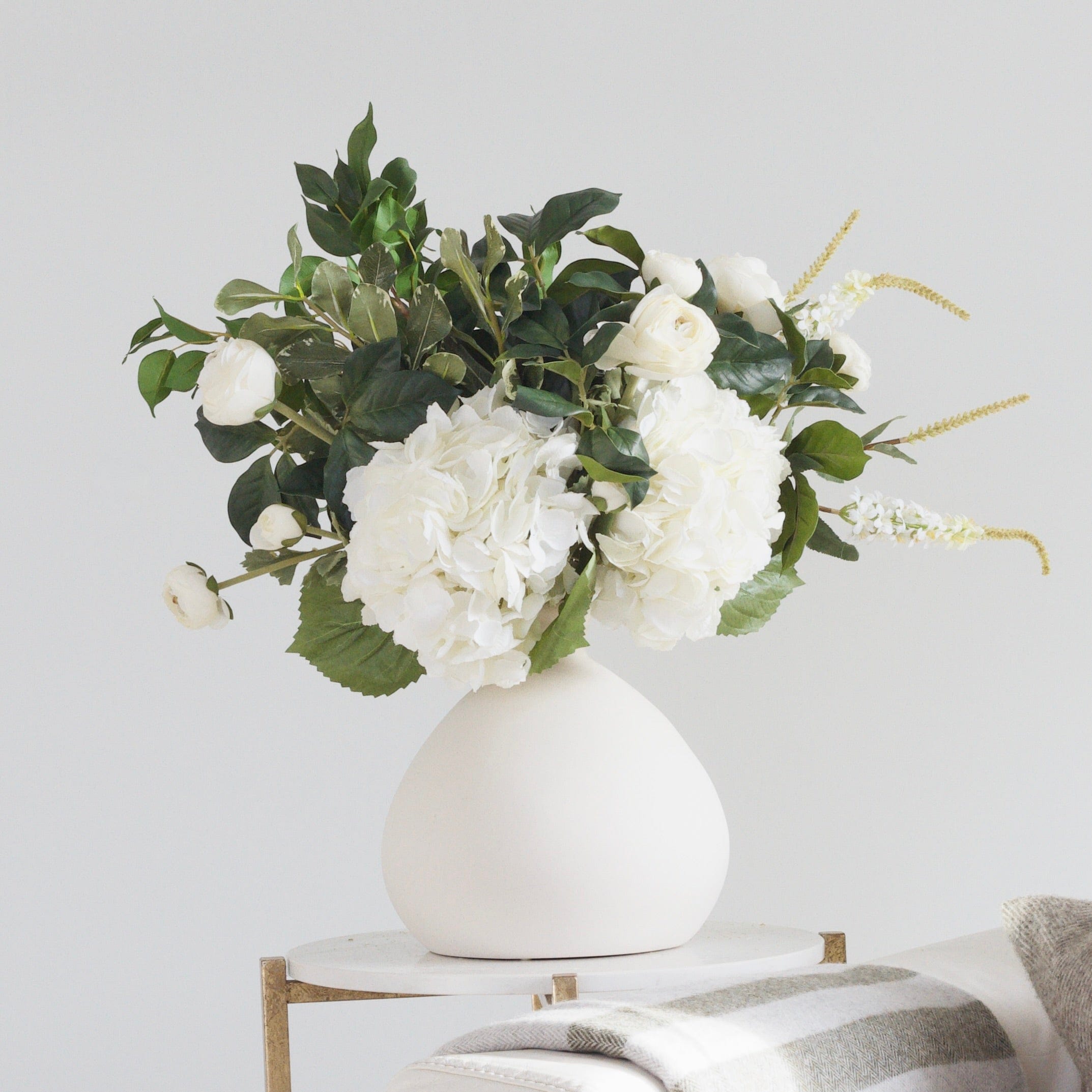 Luxury Lifelike Realistic Artificial Fabric Silk Blooms with Foliage Buy Online from The Faux Flower Company | Evergreen Arrangement in Burford Vase ABP1747