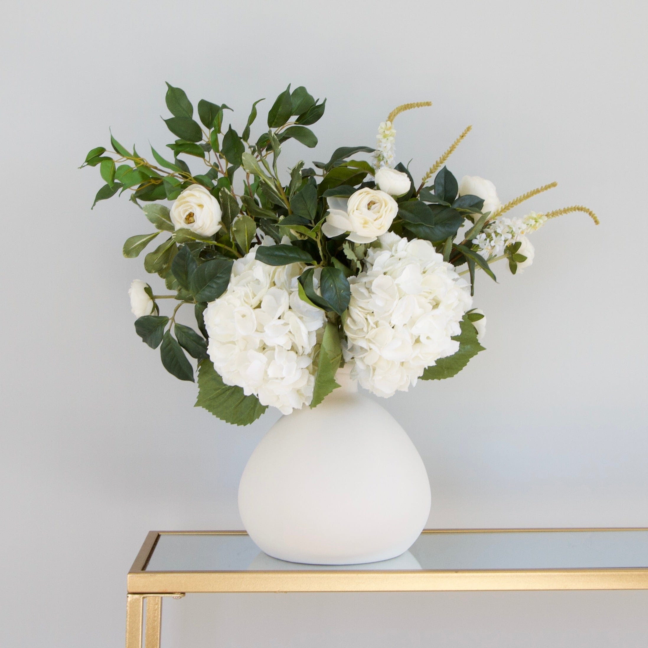 Luxury Lifelike Realistic Artificial Fabric Silk Blooms with Foliage Buy Online from The Faux Flower Company | Evergreen Arrangement in Burford Vase ABP1747