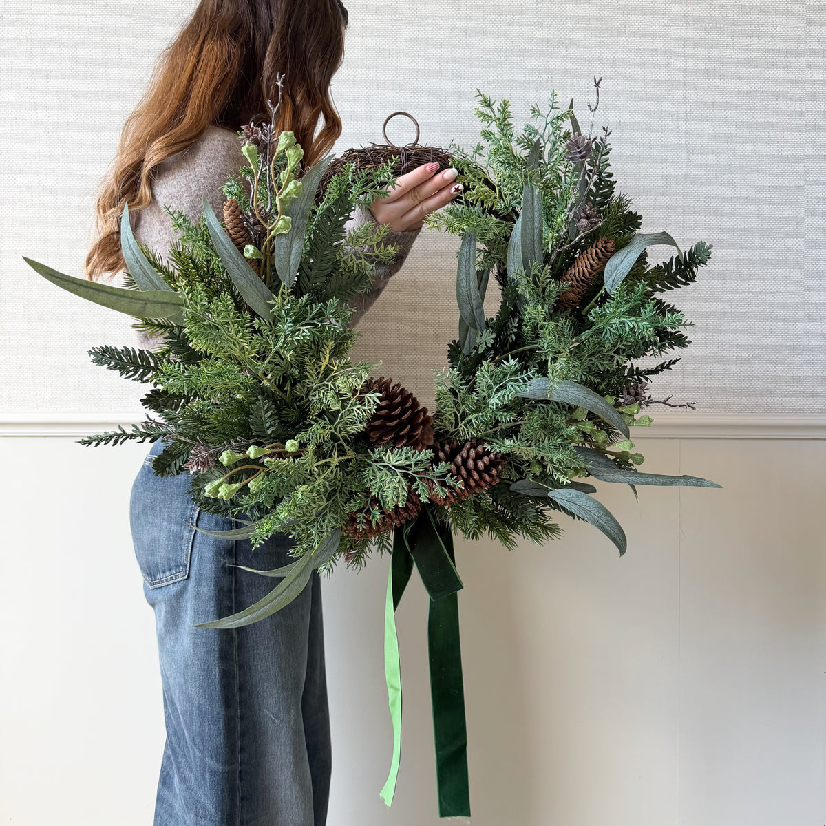 Artificial Large Woodland Pine Wreath With Green Velvet Bow