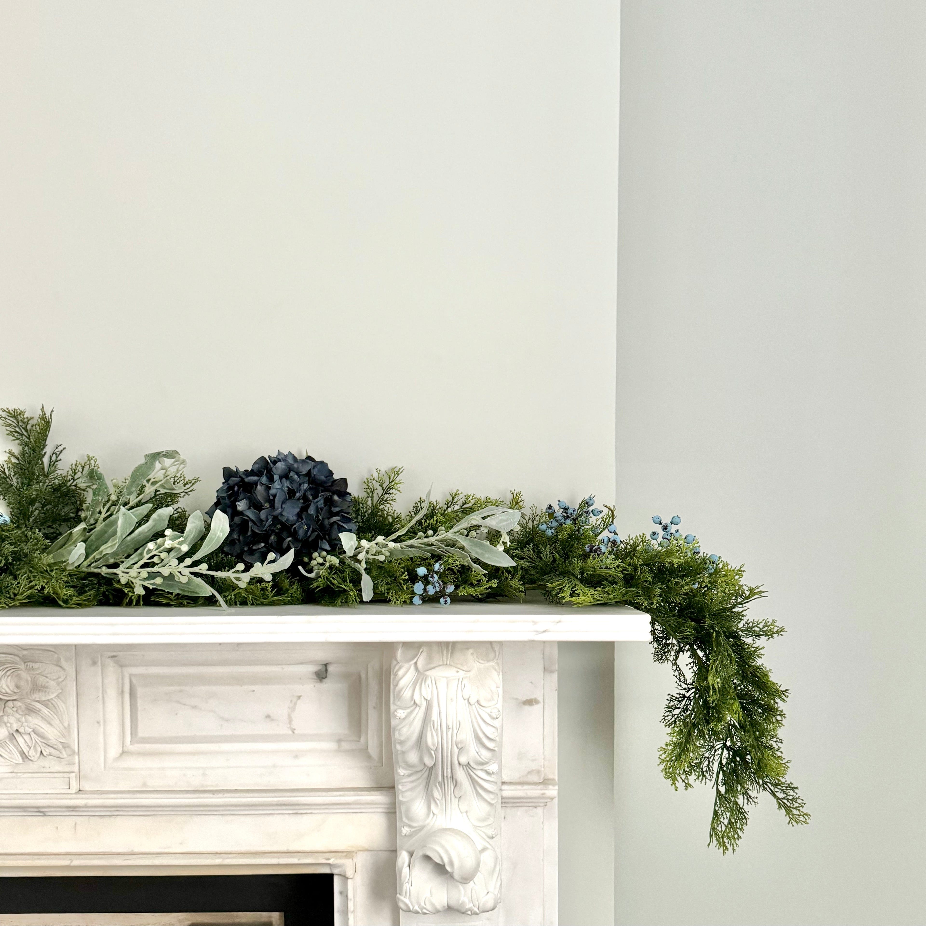 Luxury Lifelike Realistic Artificial Fabric Faux Silk Luxury Cypress Bush Winter Blue and Silver Garland with Faux Flowers and Foliage Buy Online from The Faux Flower Company