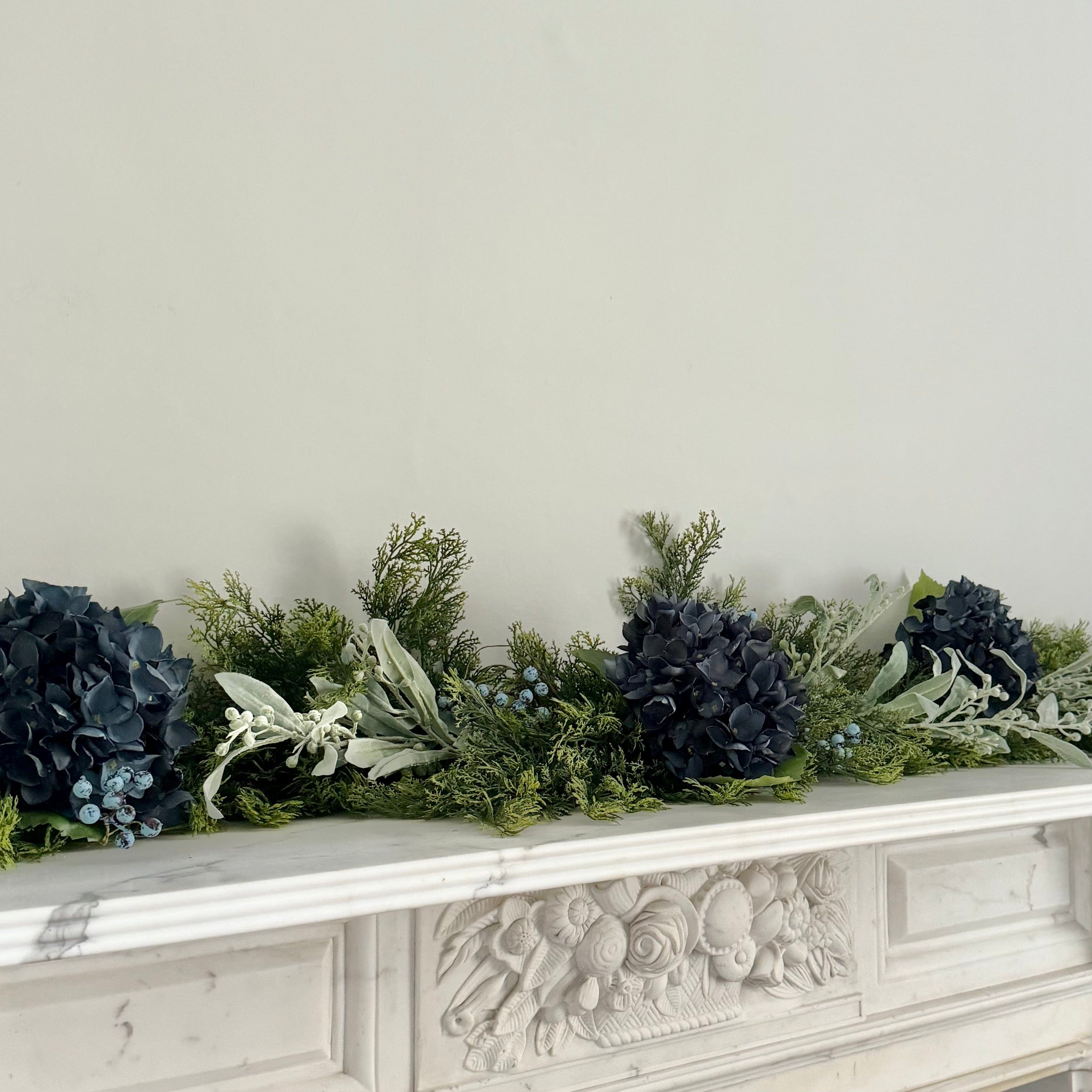 Luxury Lifelike Realistic Artificial Fabric Faux Silk Luxury Cypress Bush Winter Blue and Silver Garland with Faux Flowers and Foliage Buy Online from The Faux Flower Company