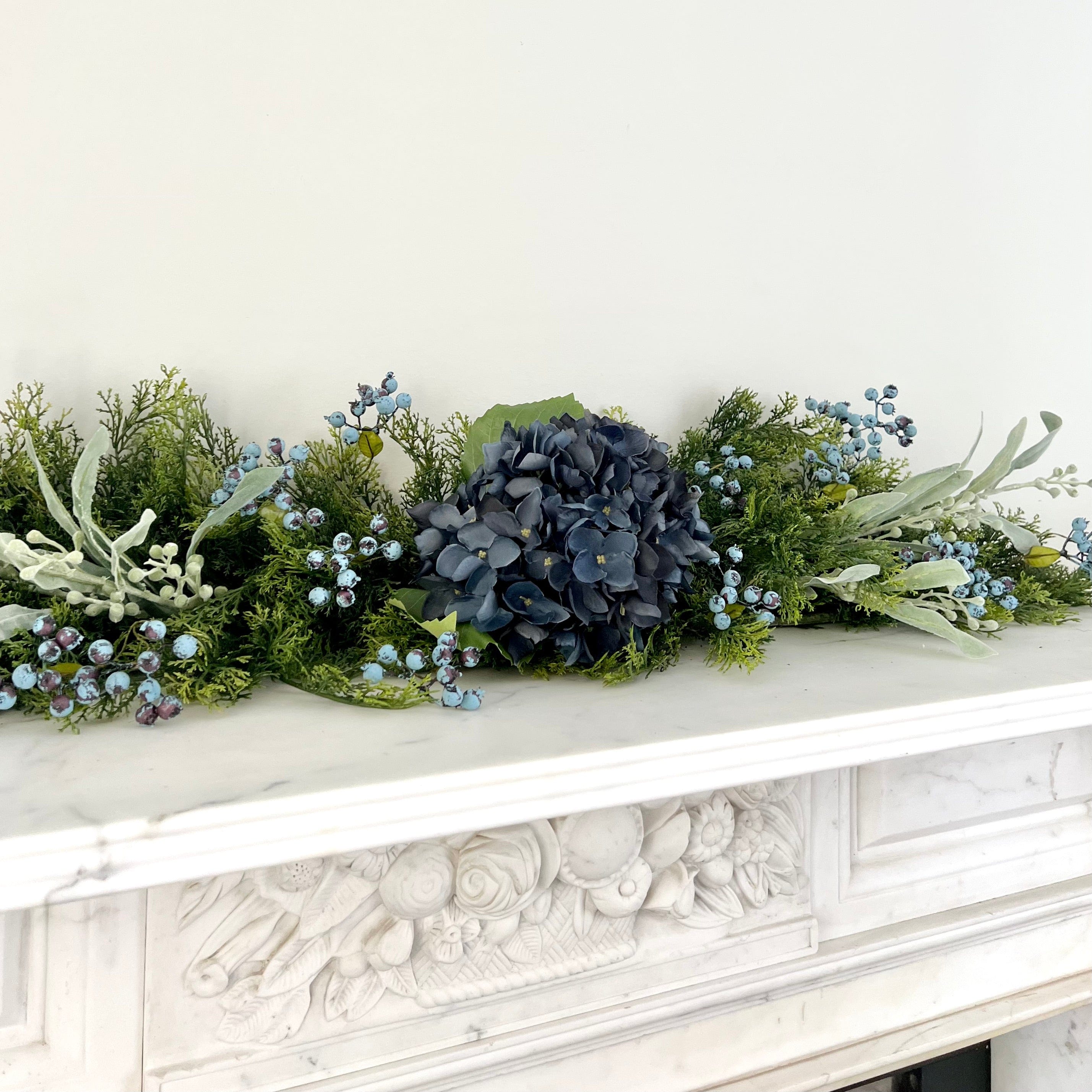 Luxury Lifelike Realistic Artificial Fabric Faux Silk Luxury Cypress Bush Winter Blue and Silver Garland with Faux Flowers and Foliage Buy Online from The Faux Flower Company