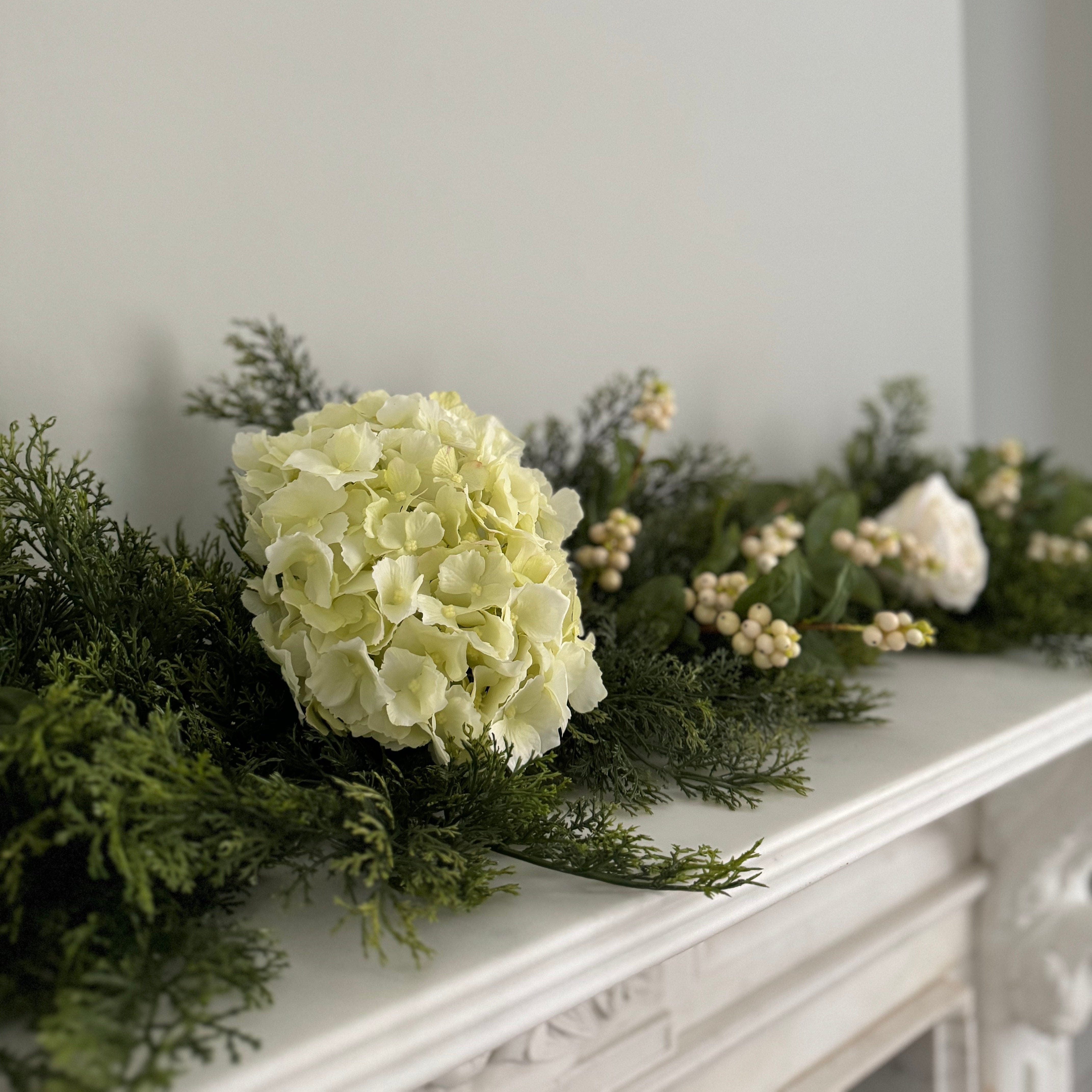 Luxury Lifelike Realistic Artificial Fabric Faux Silk Luxury Cypress Bush Winter Cream Garland with Faux Flowers and Foliage Buy Online from The Faux Flower Company