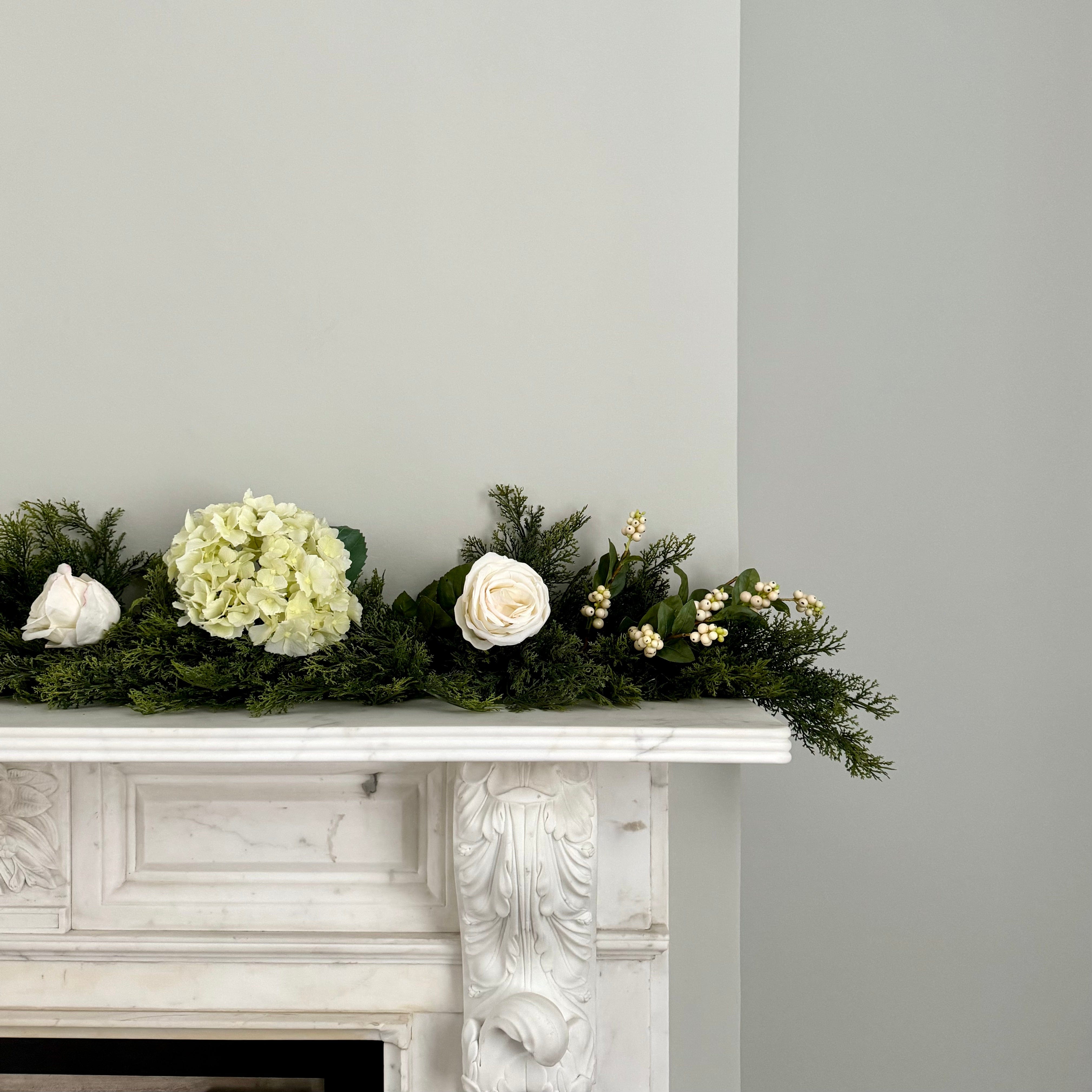 Luxury Lifelike Realistic Artificial Fabric Faux Silk Luxury Cypress Bush Winter Cream Garland with Faux Flowers and Foliage Buy Online from The Faux Flower Company