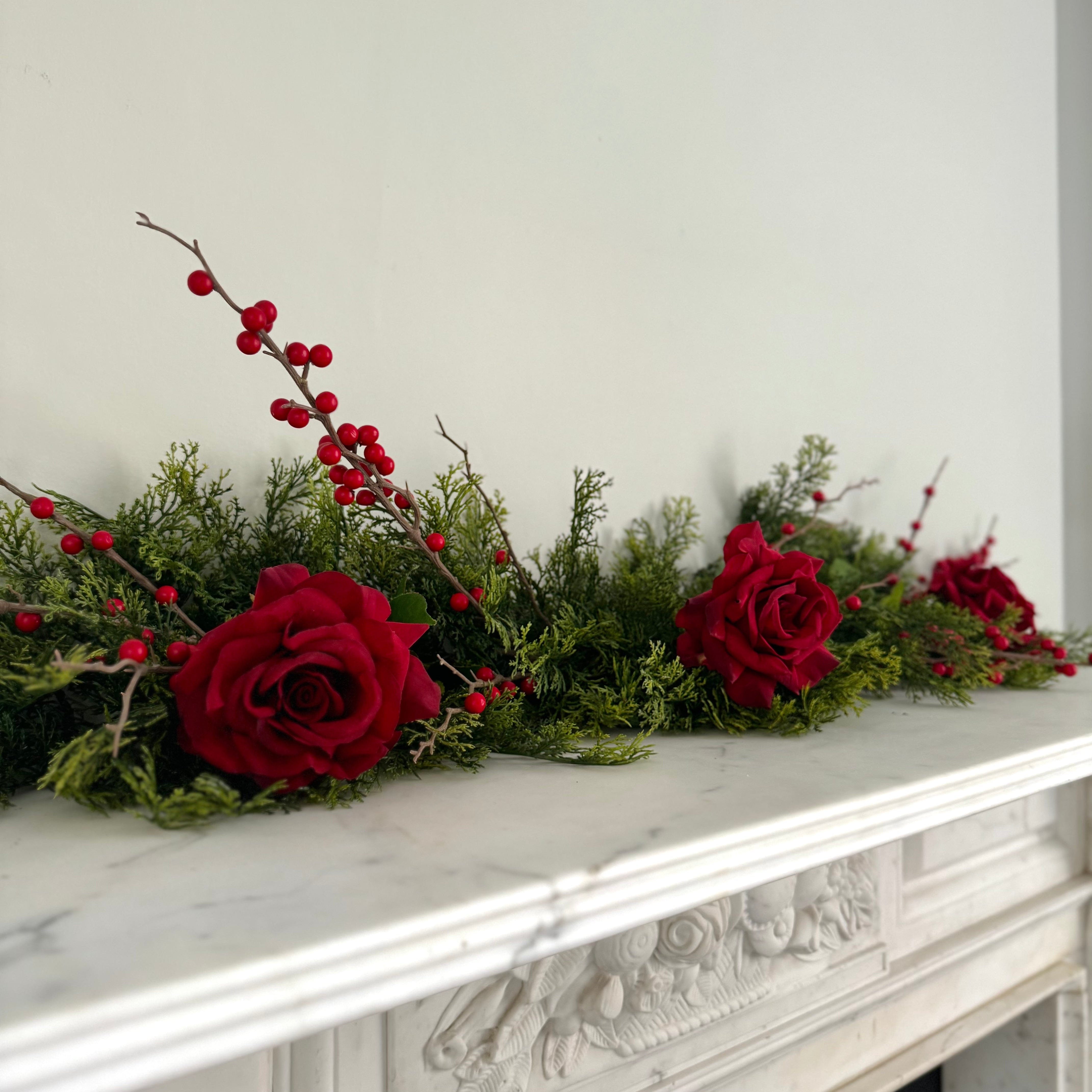 Luxury Lifelike Realistic Artificial Fabric Faux Silk Luxury Cypress Bush Winter Red Garland with Faux Flowers and Foliage Buy Online from The Faux Flower Company