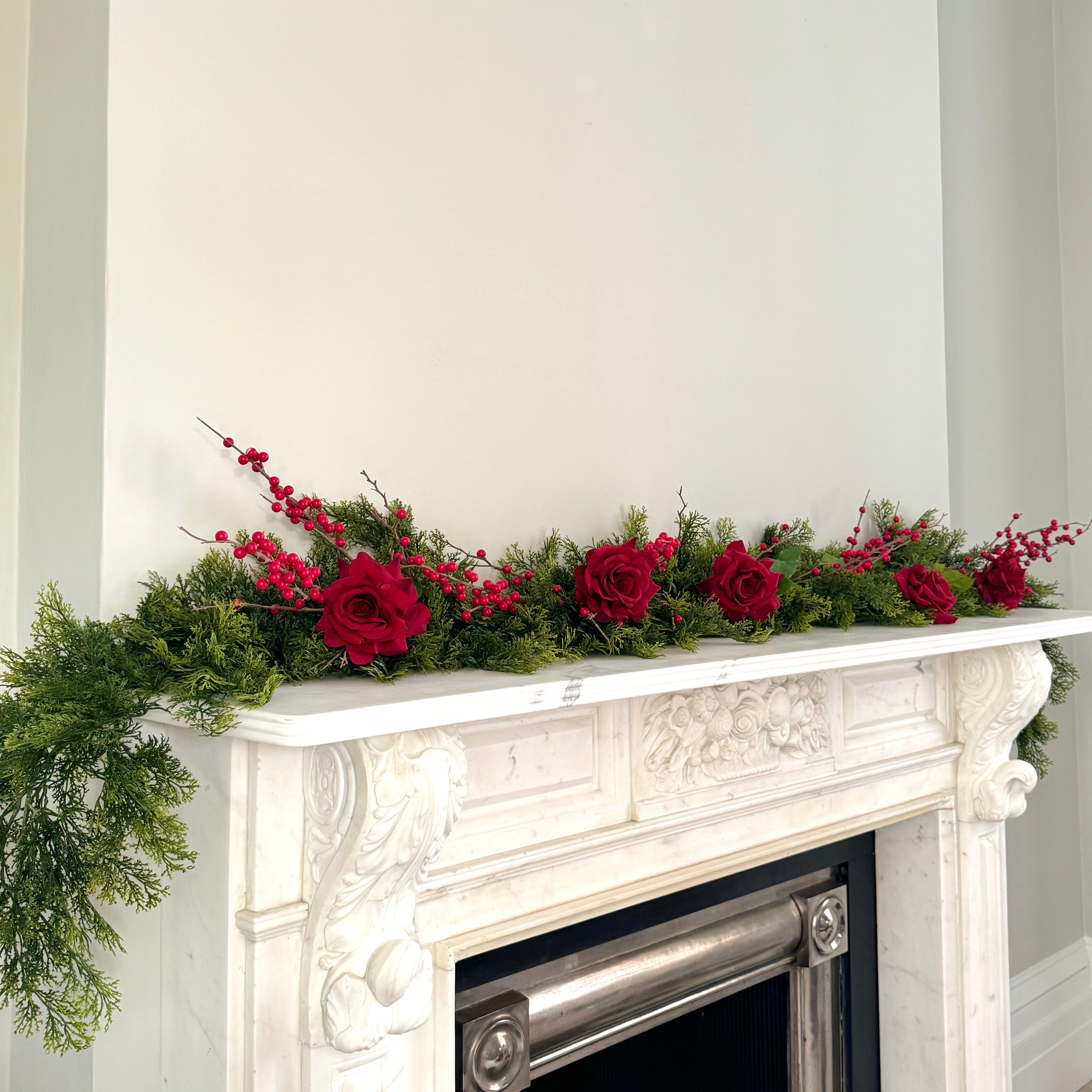 Luxury Lifelike Realistic Artificial Fabric Faux Silk Luxury Cypress Bush Winter Red Garland with Faux Flowers and Foliage Buy Online from The Faux Flower Company