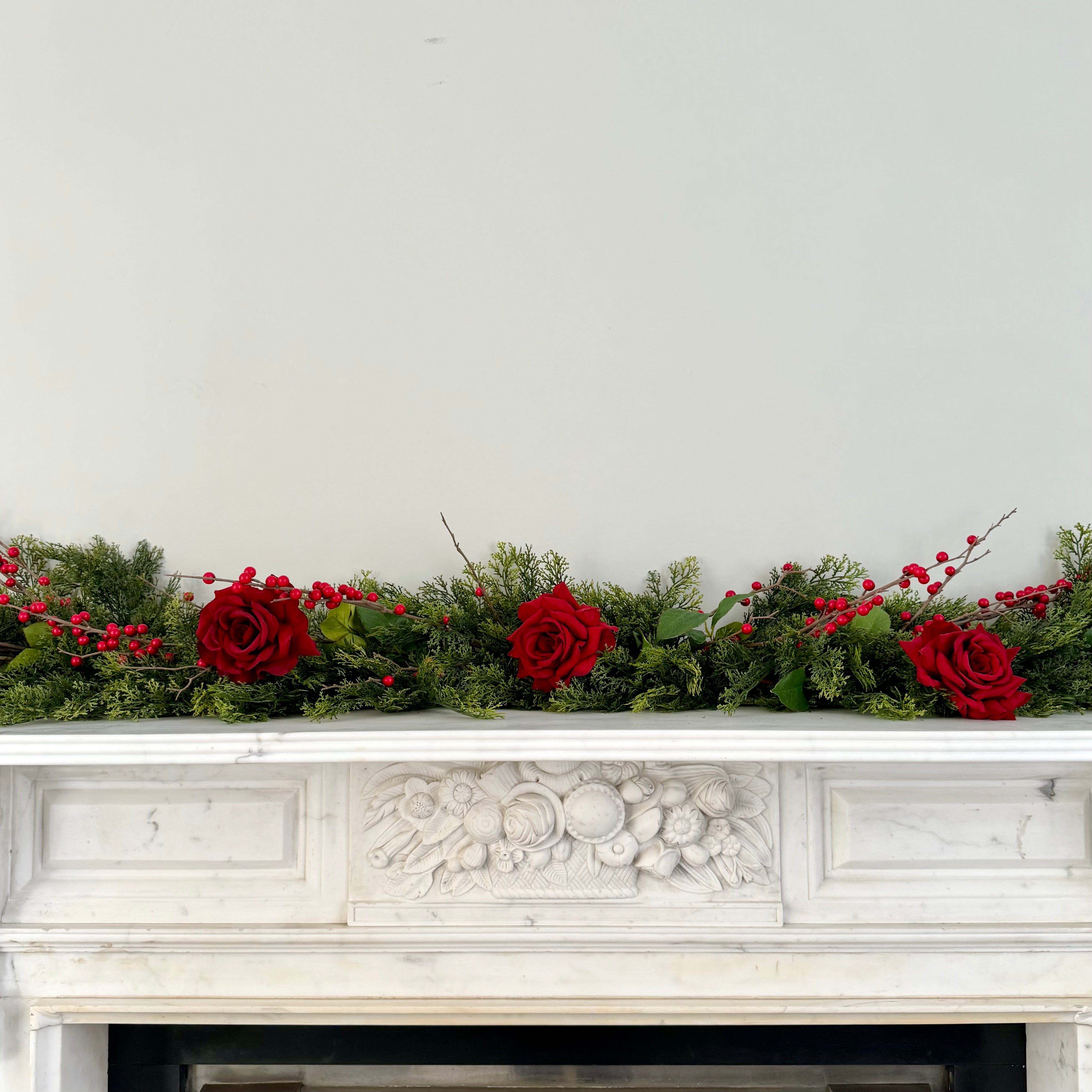 Luxury Lifelike Realistic Artificial Fabric Faux Silk Luxury Cypress Bush Winter Red Garland with Faux Flowers and Foliage Buy Online from The Faux Flower Company