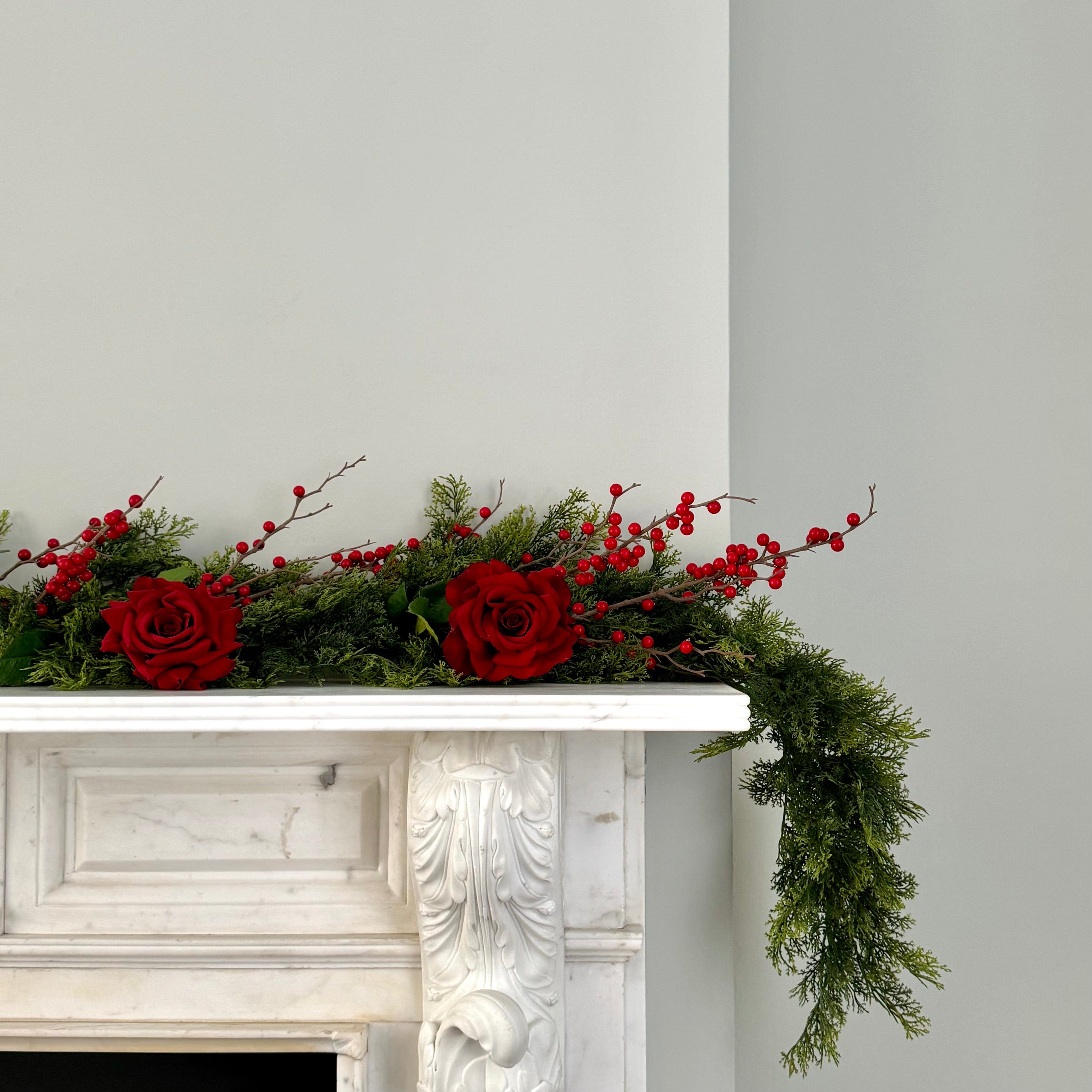 Luxury Lifelike Realistic Artificial Fabric Faux Silk Luxury Cypress Bush Winter Red Garland with Faux Flowers and Foliage Buy Online from The Faux Flower Company