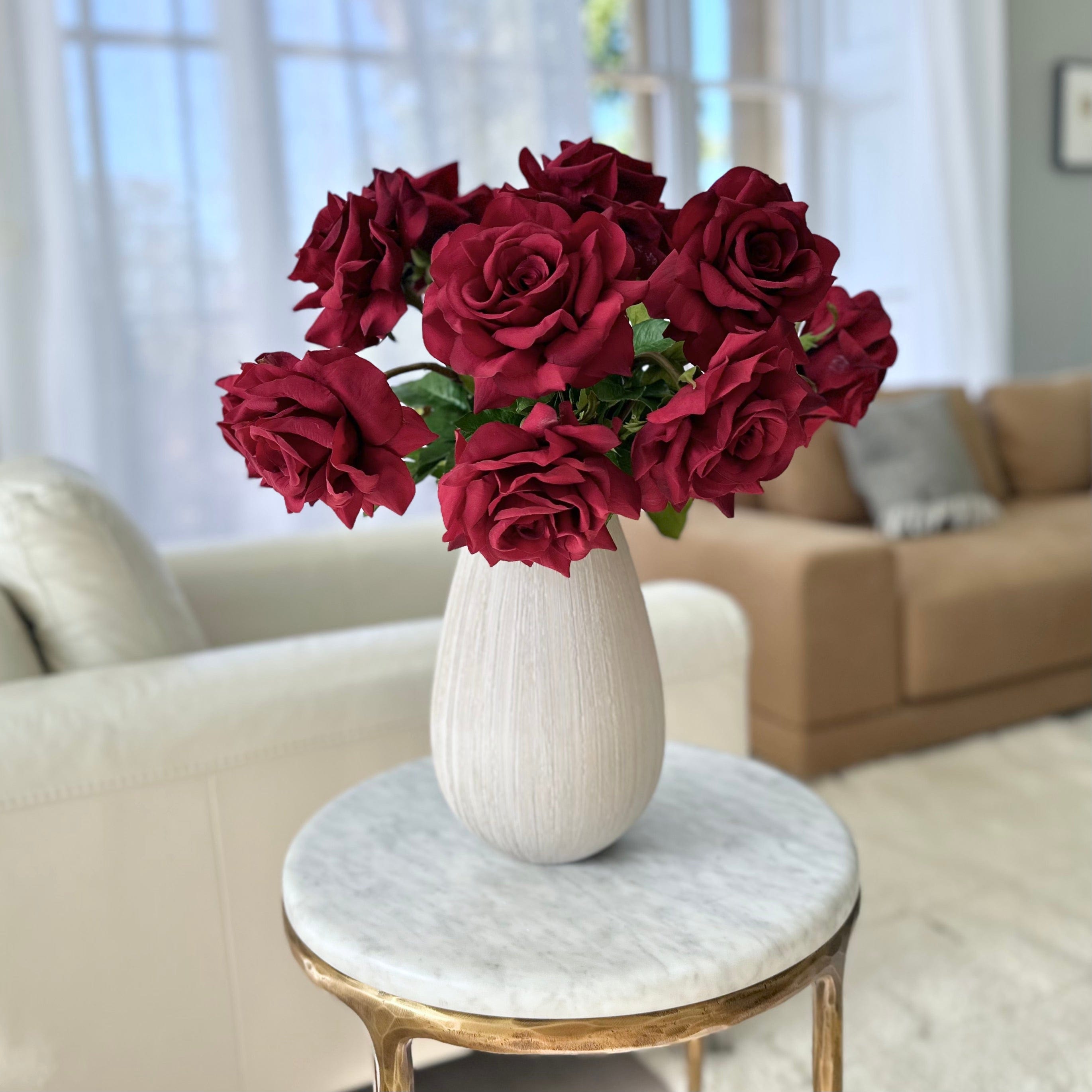 Luxury Lifelike Realistic Artificial Fabric Faux Silk Luxury Red Red Tea Rose ABY5155RD Deluxe Winter Autumn Artificial Flower Arrangement with Faux Foliage in Bibury Vase ABP1513 Buy Online from The Faux Flower Company