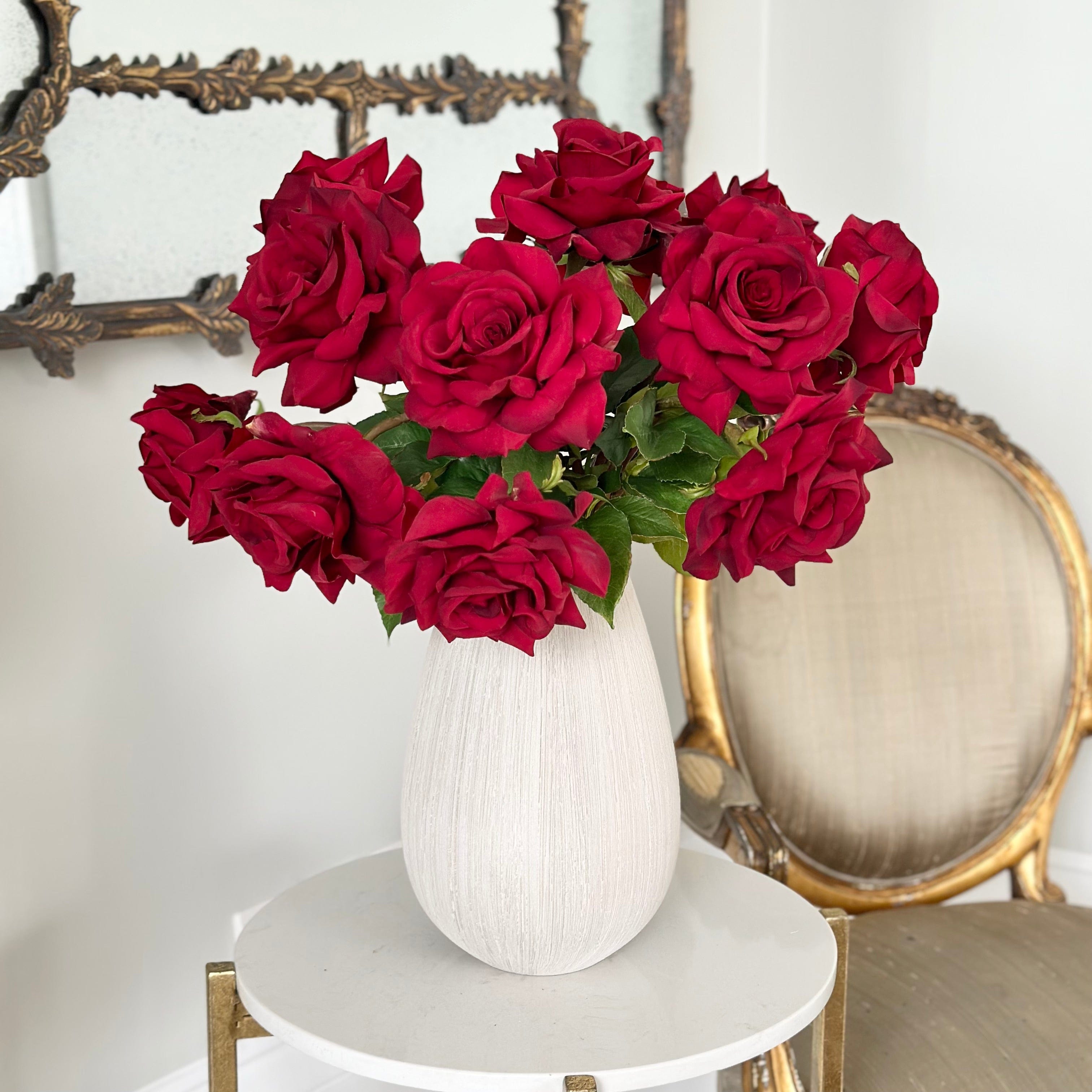 Luxury Lifelike Realistic Artificial Fabric Faux Silk Luxury Red Red Tea Rose ABY5155RD Deluxe Winter Autumn Artificial Flower Arrangement with Faux Foliage in Bibury Vase ABP1513 Buy Online from The Faux Flower Company