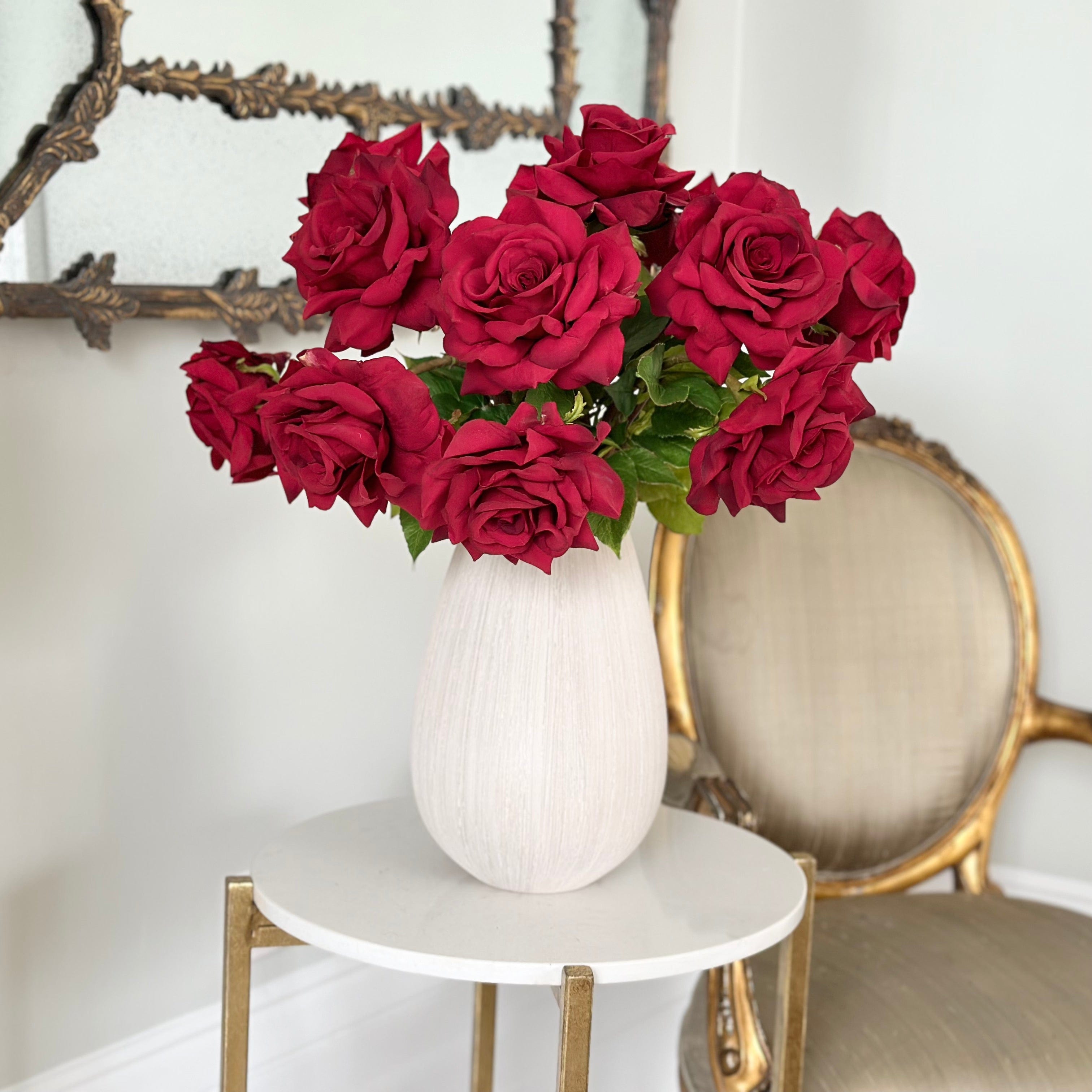 Luxury Lifelike Realistic Artificial Fabric Faux Silk Luxury Red Red Tea Rose ABY5155RD Deluxe Winter Autumn Artificial Flower Arrangement with Faux Foliage in Bibury Vase ABP1513 Buy Online from The Faux Flower Company