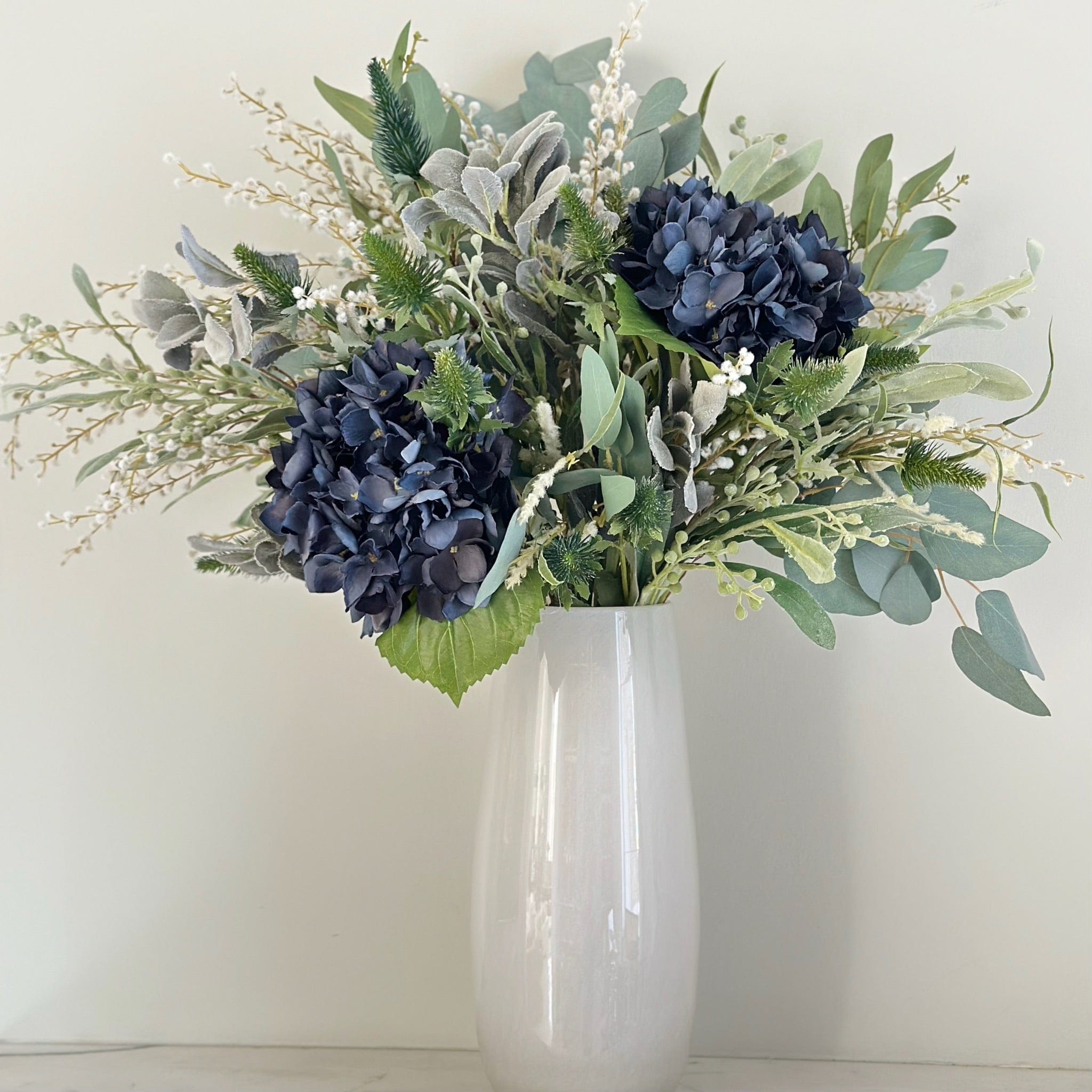 Luxury Lifelike Realistic Artificial Fabric Faux Silk Luxury Blue and White Winter Artificial Flower Bouquet Arrangement with Faux Foliage Buy Online from The Faux Flower Company