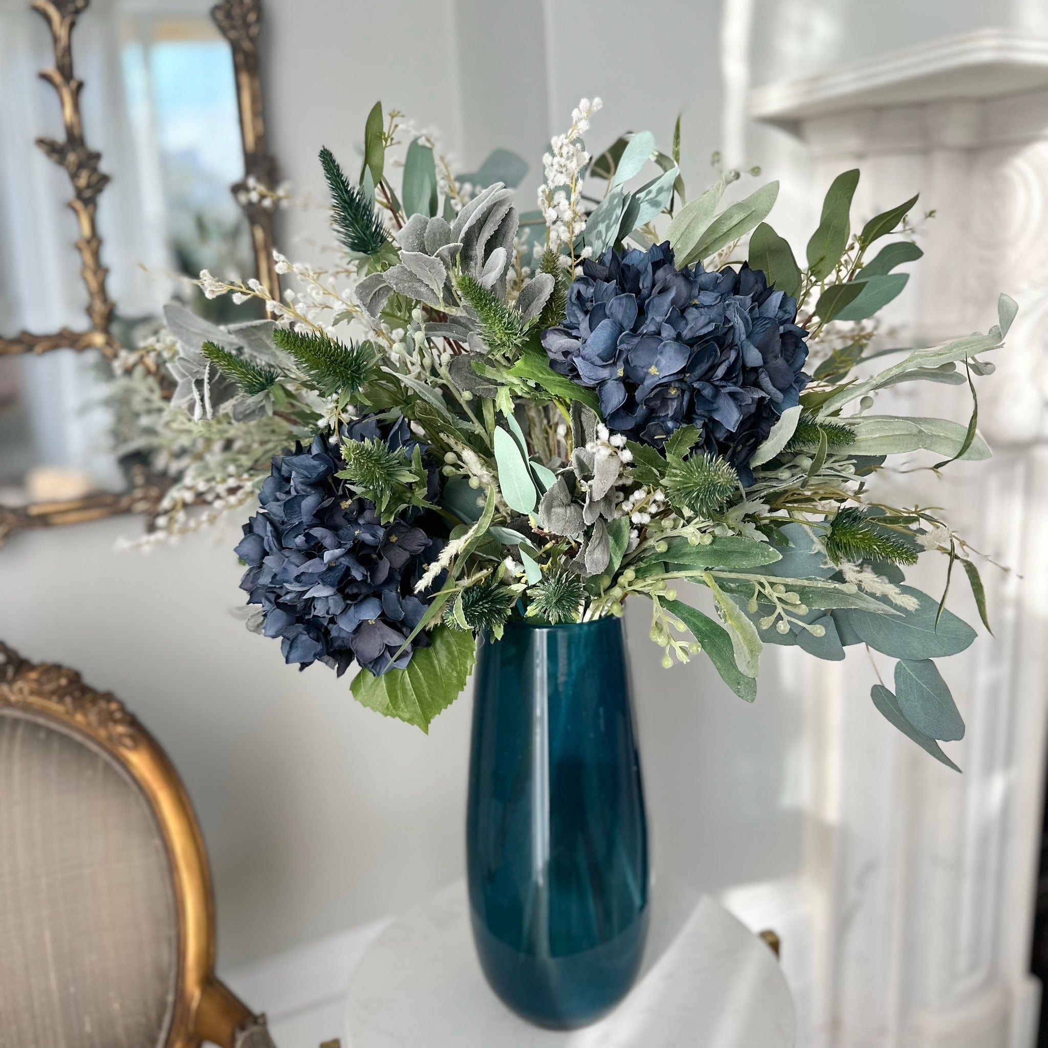 Luxury Lifelike Realistic Artificial Fabric Faux Silk Luxury Blue and White Winter Artificial Flower Bouquet Arrangement with Faux Foliage Buy Online from The Faux Flower Company