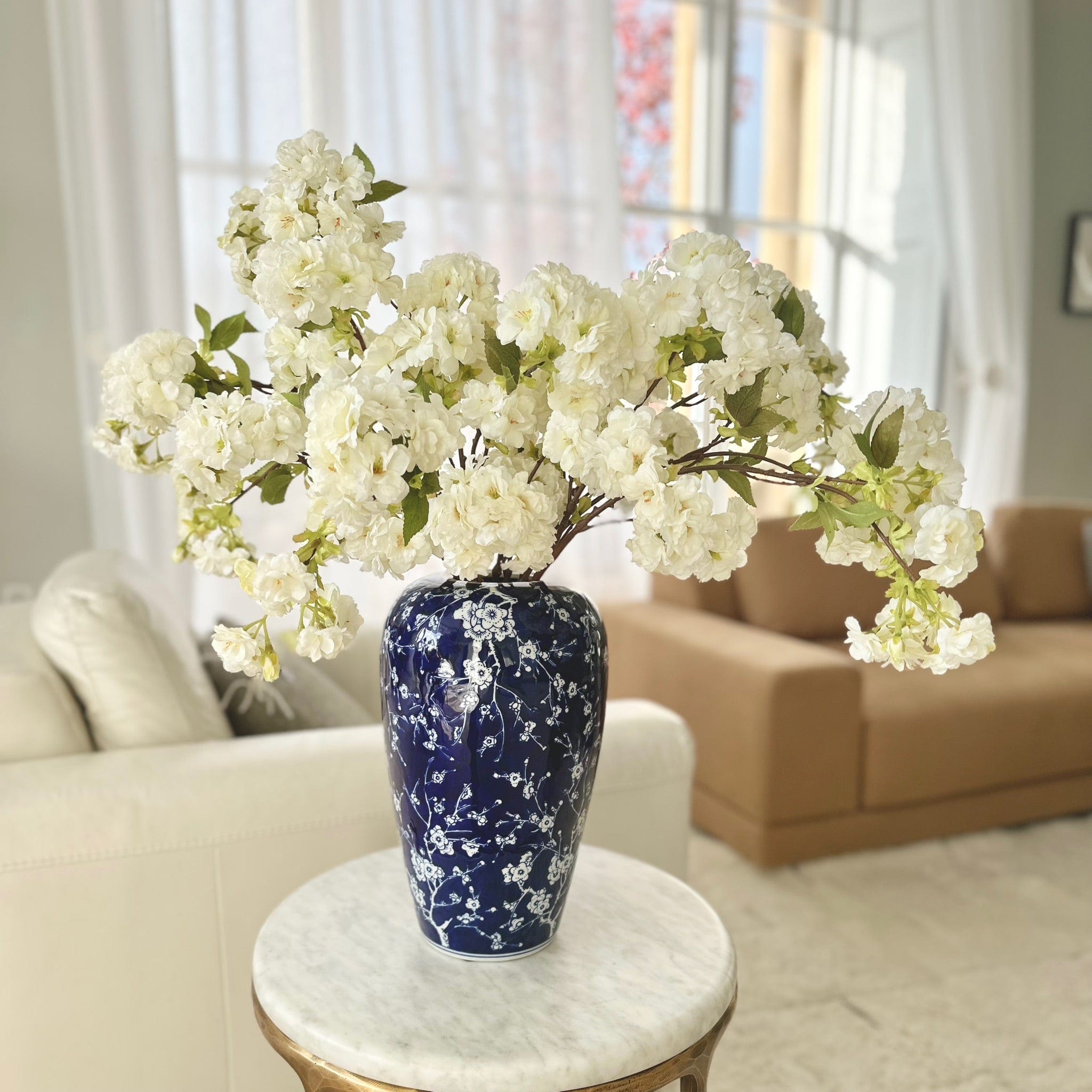 Luxury Lifelike Realistic Artificial Fabric Faux Silk Luxury White Cherry Blossom Flower in Blue Oriental Vase Buy Online from The Faux Flower Company