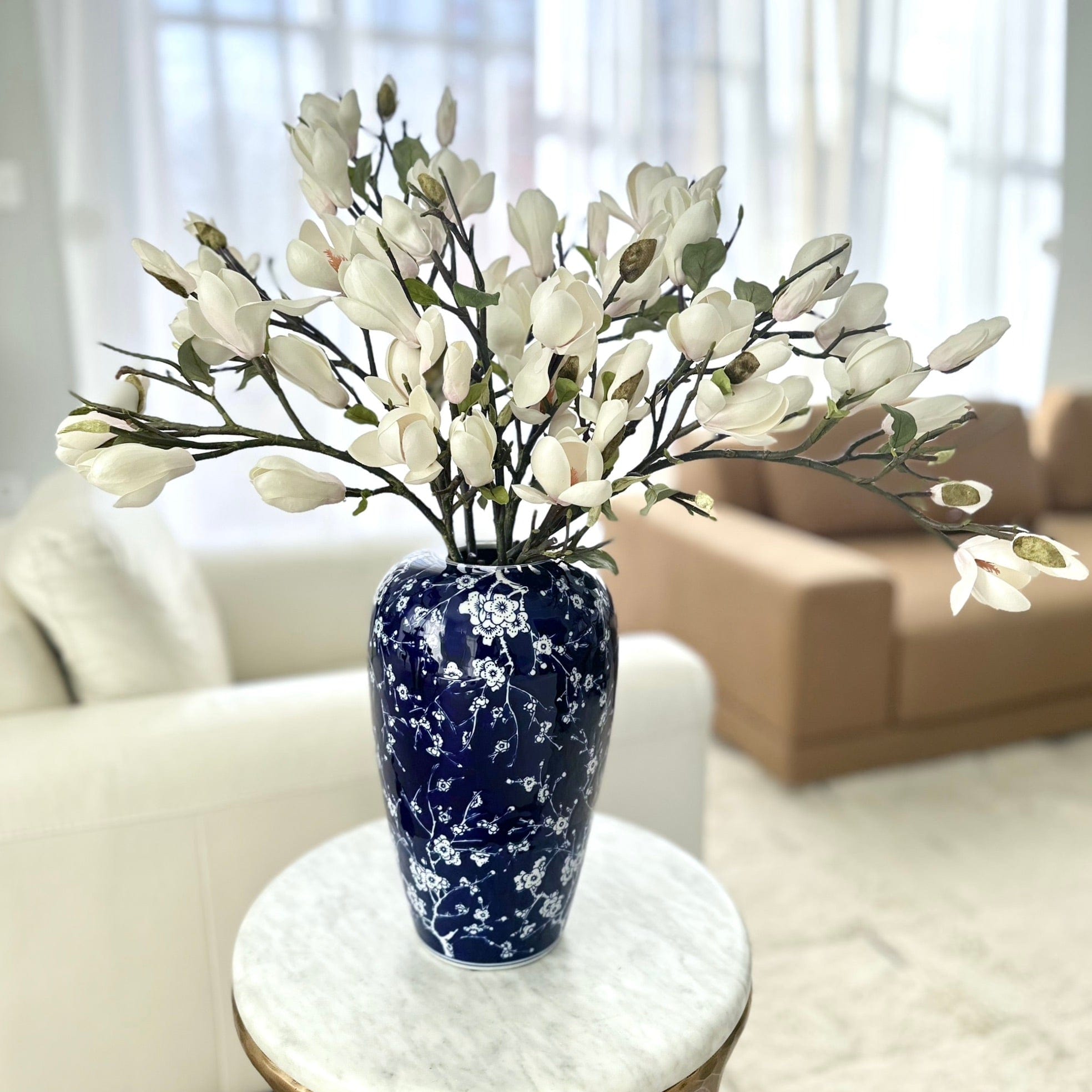 Luxury Lifelike Realistic Artificial Fabric Faux Silk Luxury White Magnolia Flower in Blue Oriental Vase Buy Online from The Faux Flower Company