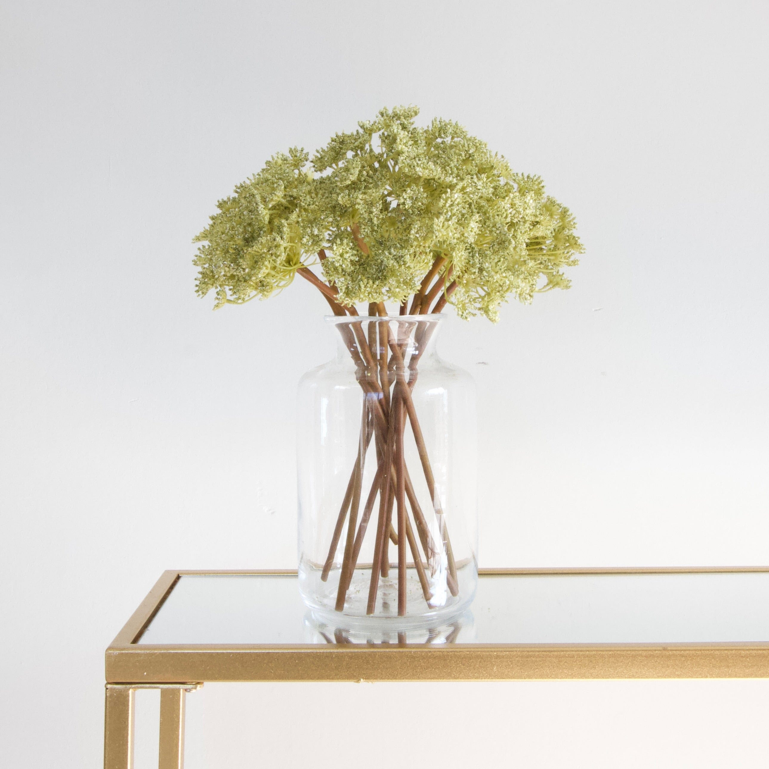 Luxury Lifelike Realistic Artificial Fabric Silk Blooms with Foliage Buy Online from The Faux Flower Company | 12 stems of Green Cow Parsley ABX6597GR styled in Clear Funnel Neck Vase ABV2252