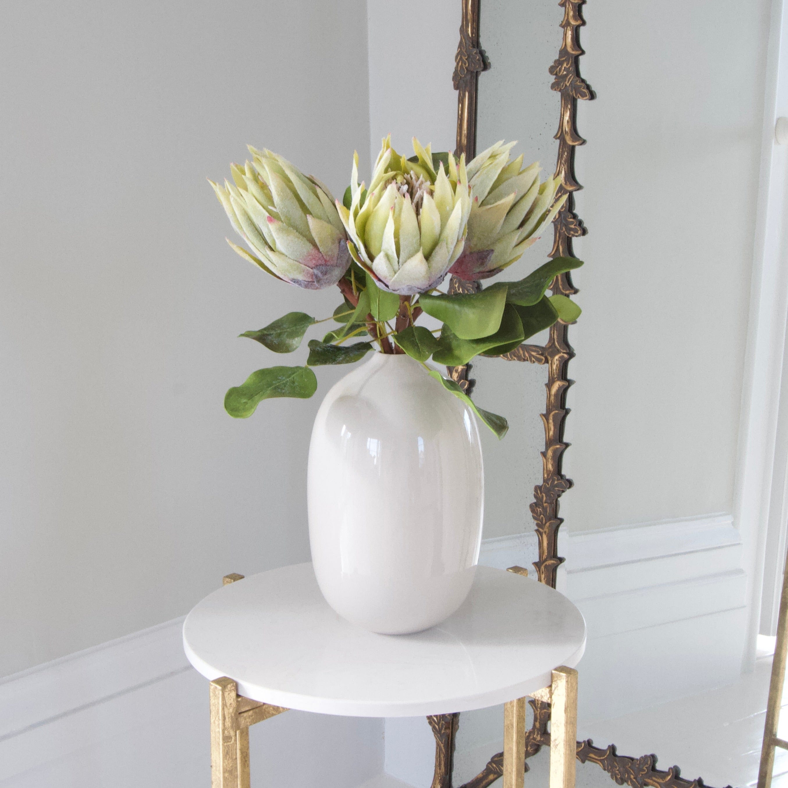 Luxury Lifelike Realistic Artificial Fabric Silk Blooms with Foliage Buy Online from The Faux Flower Company | Green King Proteas ABY7018GR White Gloss Ceramic Broadway Vase ABP1699