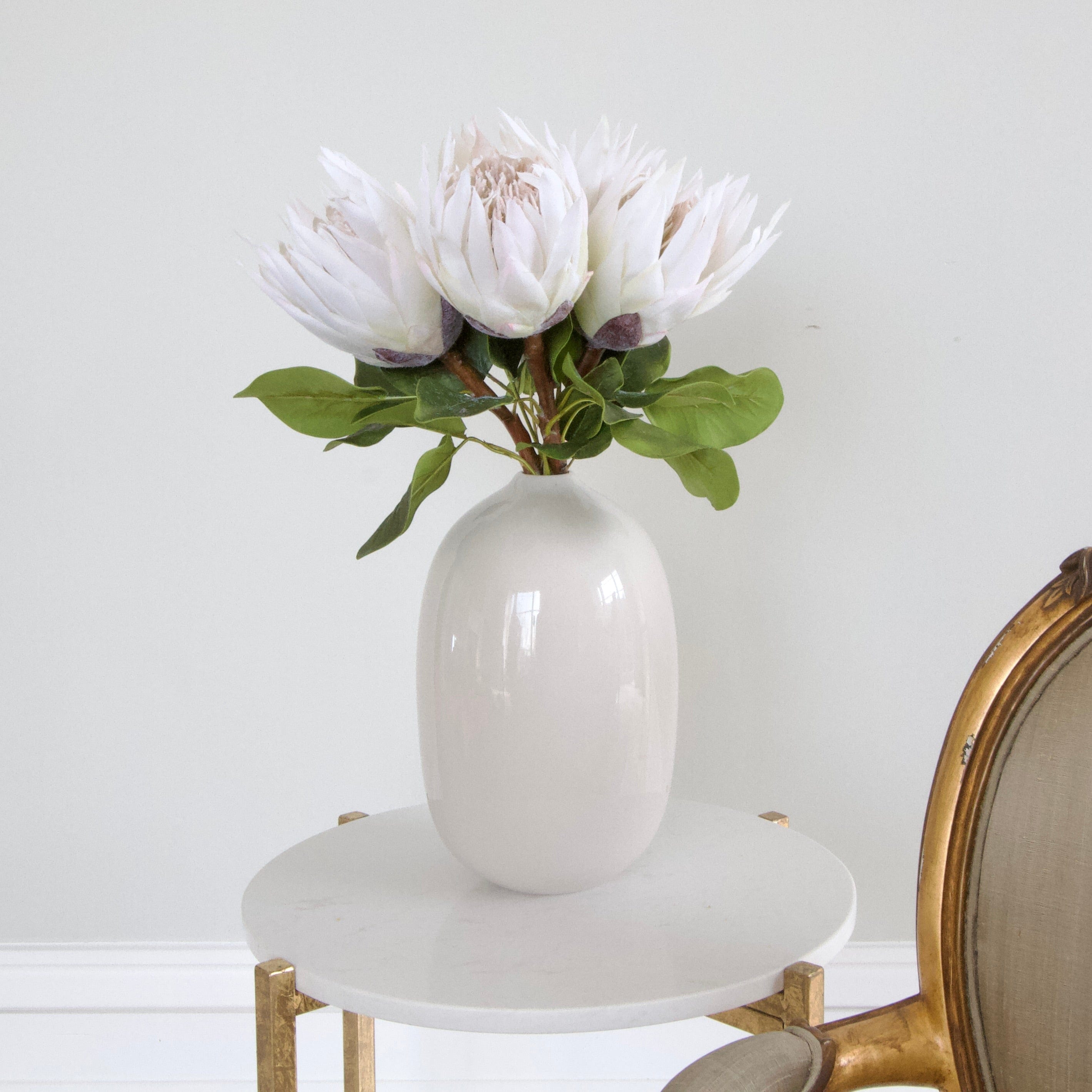 Luxury Lifelike Realistic Artificial Fabric Silk Blooms with Foliage Buy Online from The Faux Flower Company | White King Proteas ABY7018WH White Gloss Ceramic Broadway Vase ABP1699
