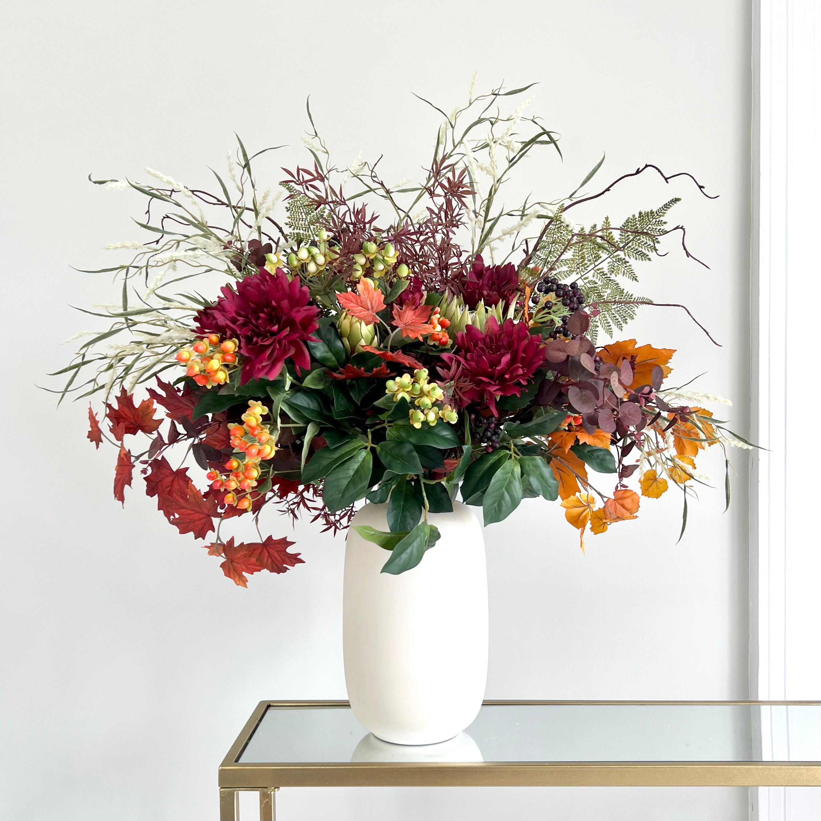 Luxury Lifelike Realistic Artificial Fabric Silk Luxury Flower Autumnal Splendour Deluxe Stem Bouquets with Foliage in Smoky Grey Bulb Vase ABV0203 Buy Online from The Faux Flower Company