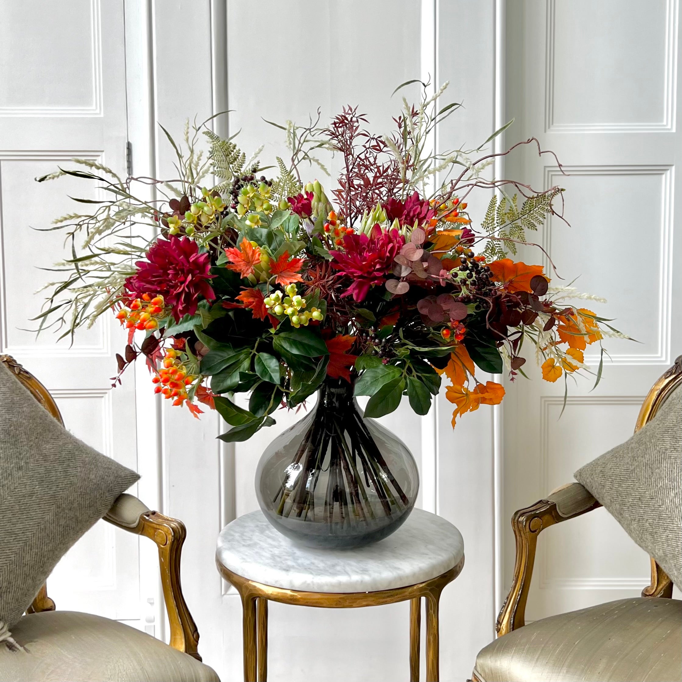 Luxury Lifelike Realistic Artificial Fabric Silk Luxury Flower Autumnal Splendour Deluxe Stem Bouquets with Foliage in Smoky Grey Bulb Vase ABV0203 Buy Online from The Faux Flower Company