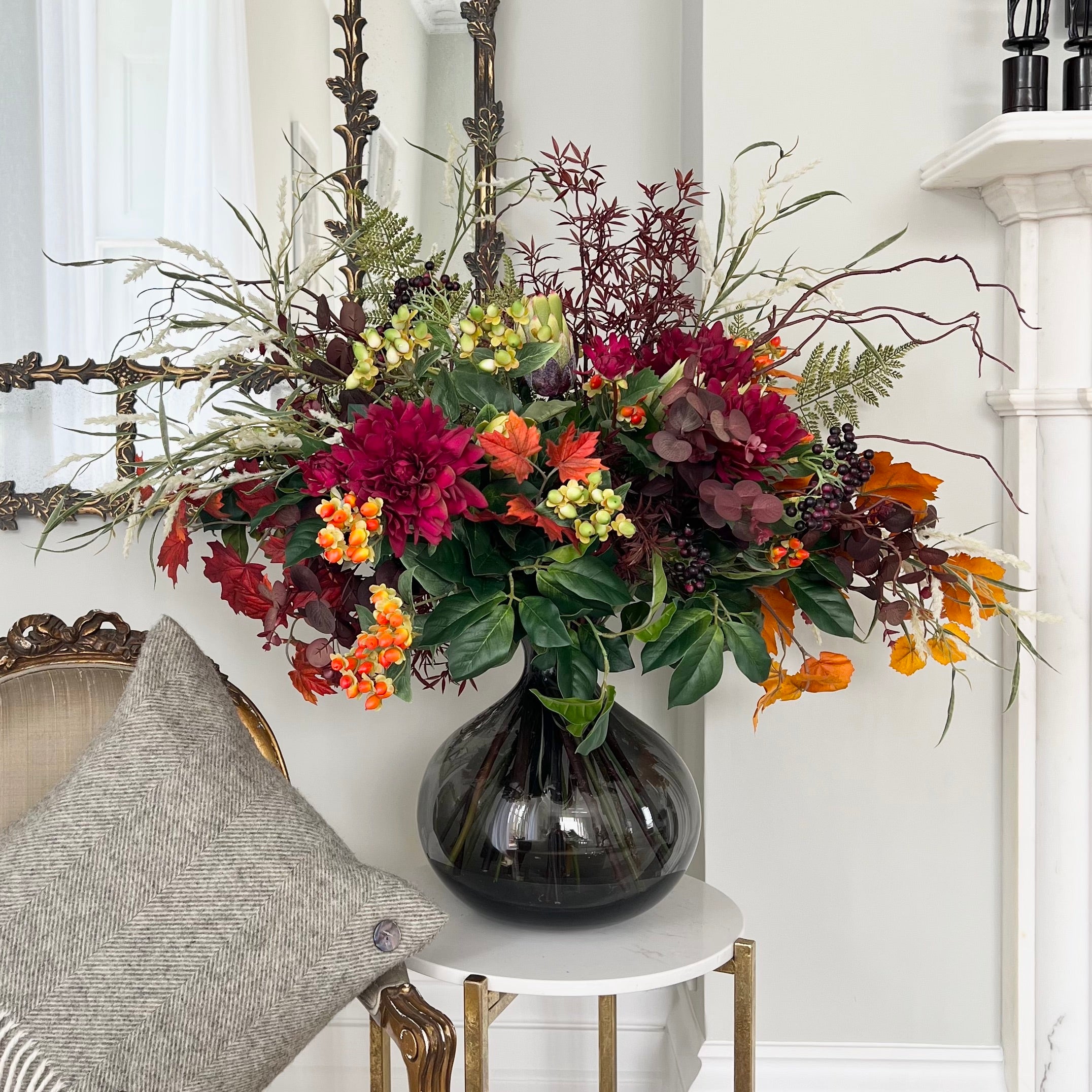 Luxury Lifelike Realistic Artificial Fabric Silk Luxury Flower Autumnal Splendour Deluxe Stem Bouquets with Foliage in Smoky Grey Bulb Vase ABV0203 Buy Online from The Faux Flower Company