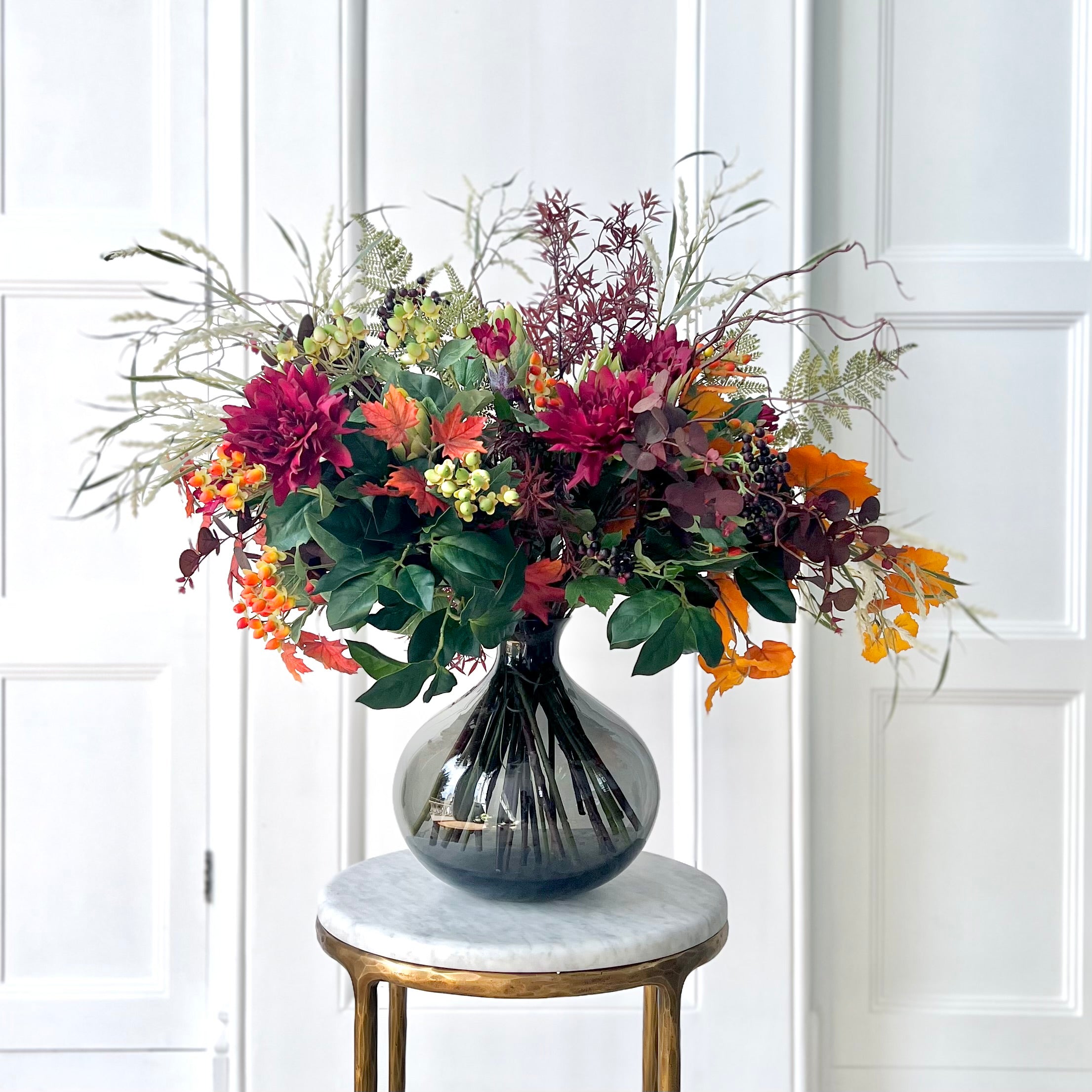 Luxury Lifelike Realistic Artificial Fabric Silk Luxury Flower Autumnal Splendour Deluxe Stem Bouquets with Foliage in Smoky Grey Bulb Vase ABV0203 Buy Online from The Faux Flower Company