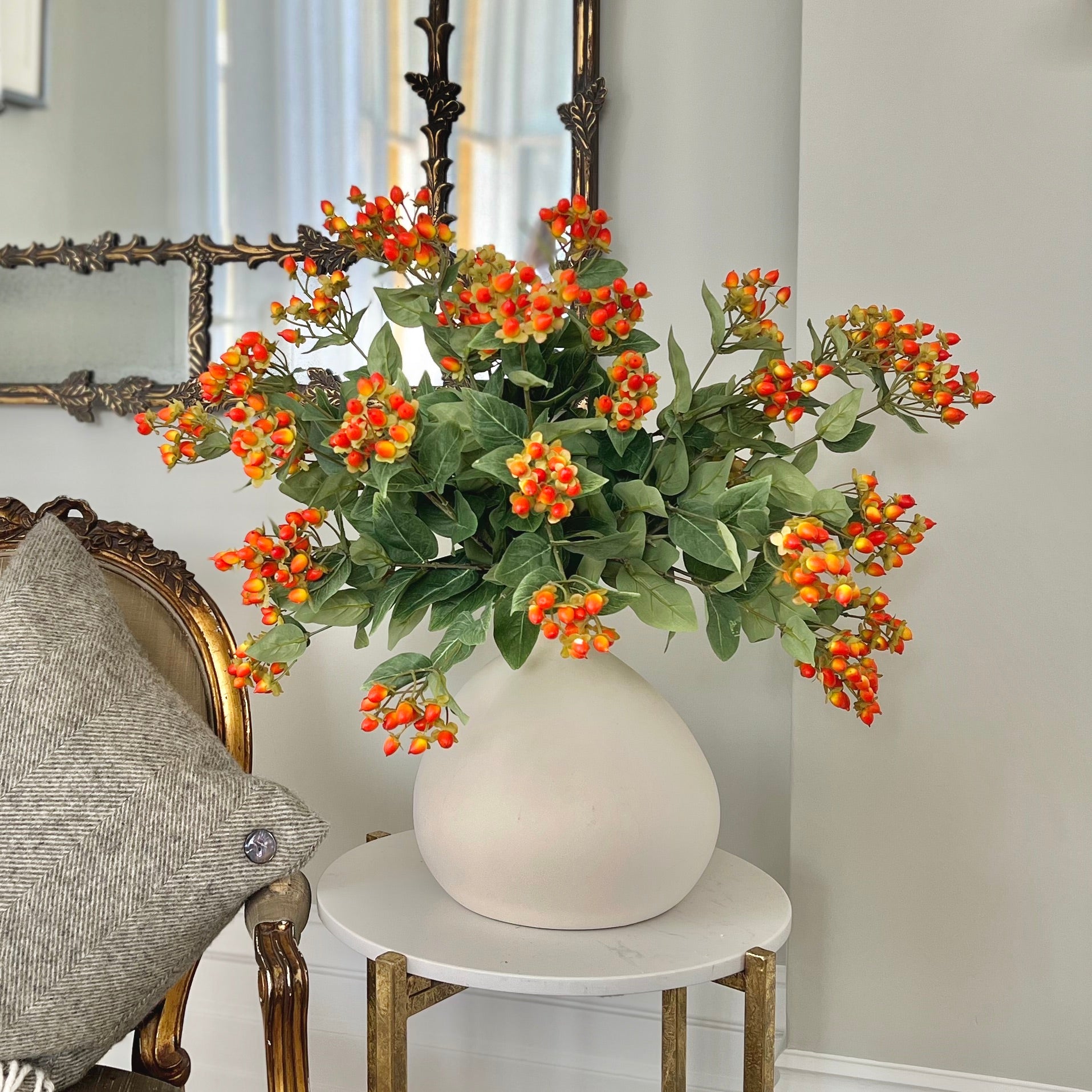 Luxury Lifelike Realistic Artificial Fabric Silk Luxury Flower Orange Hypericum Berries ABX5063OR Autumn Stem with Foliage in Burford Vase ABP1747 Buy Online from The Faux Flower Company