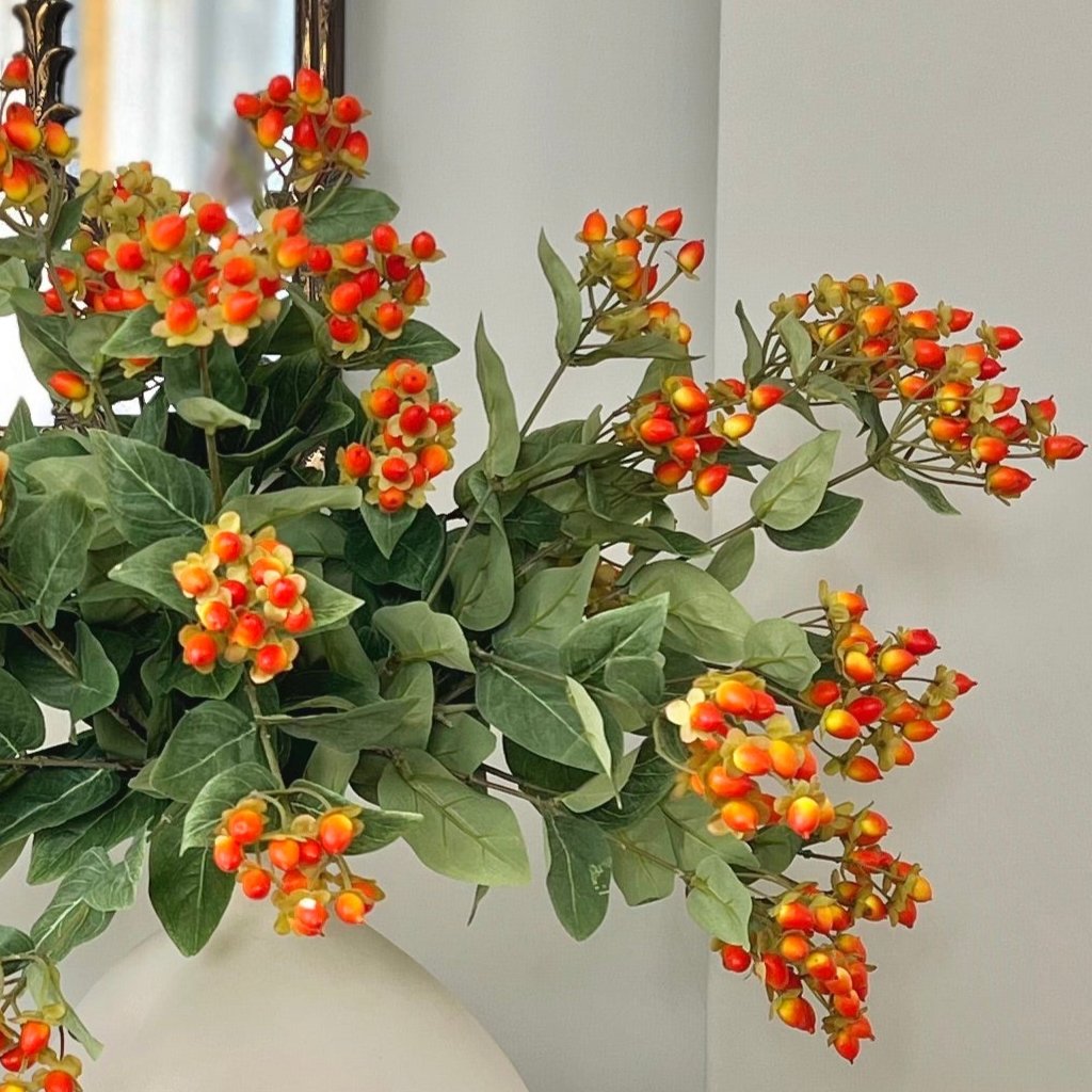 Luxury Lifelike Realistic Artificial Fabric Silk Luxury Flower Orange Hypericum Berries ABX5063OR Autumn Stem with Foliage in Burford Vase ABP1747 Buy Online from The Faux Flower Company