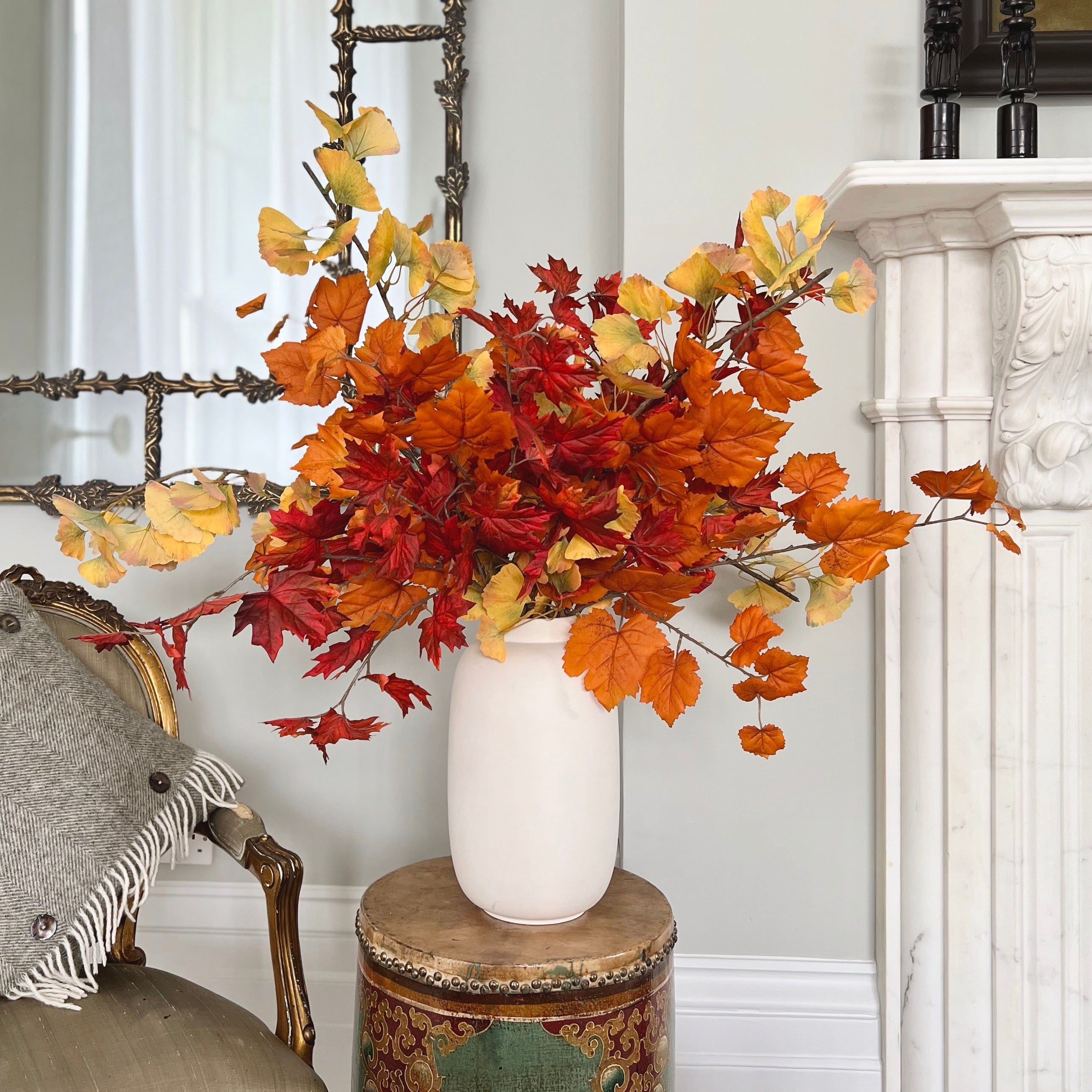 Luxury Lifelike Realistic Artificial Fabric Silk Luxury Flower Orange Leaves ABZ3201OR with Red ABZ3202RD and Yellow ABX0643YL Autumn Stem Arrangement with Foliage in Kingham Vase ABP04B3 Buy Online from The Faux Flower Company