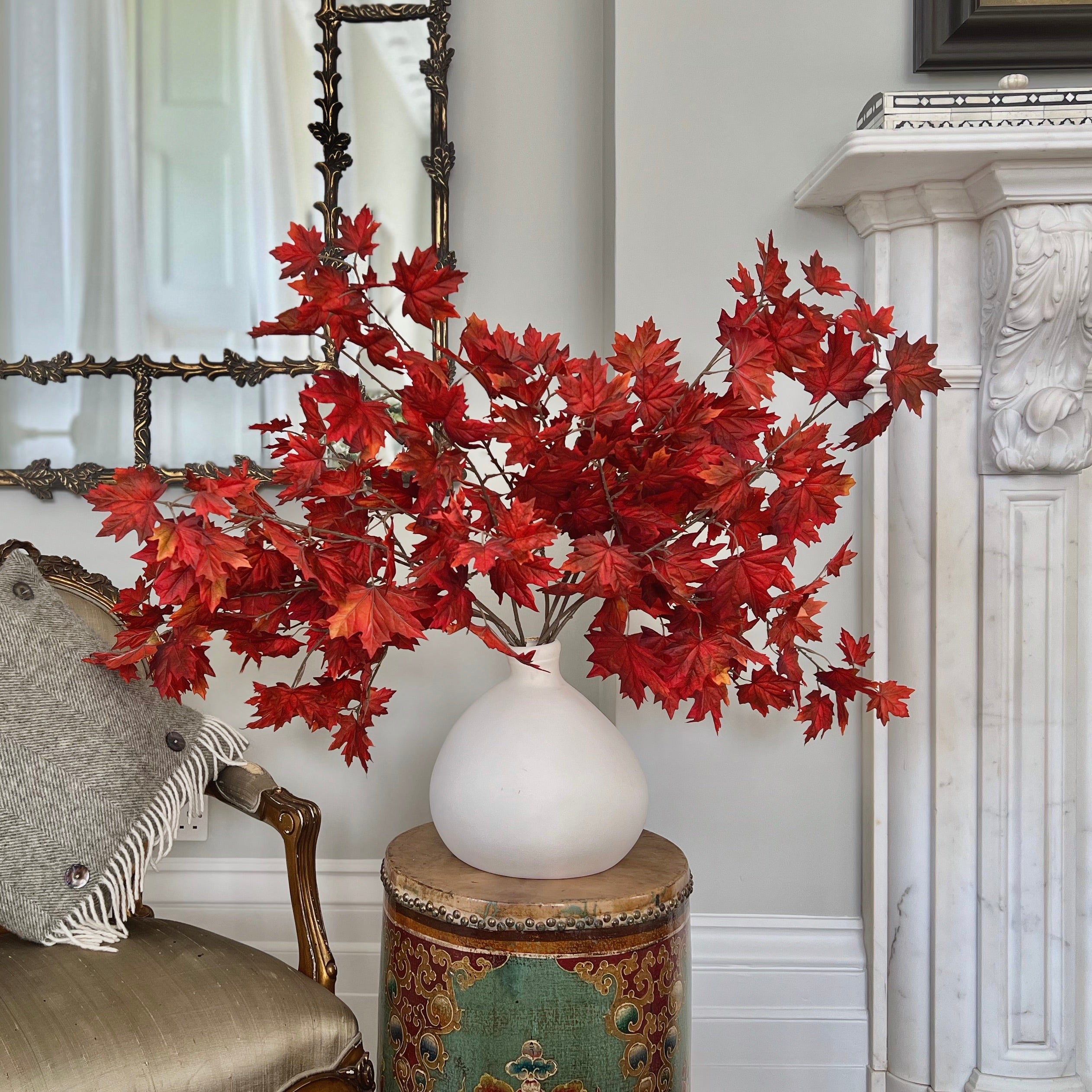 Luxury Lifelike Realistic Artificial Fabric Silk Luxury Flower Red Maple Leaves ABZ3202RD Autumn Stem with Foliage in Burford Vase ABP1747 Buy Online from The Faux Flower Company