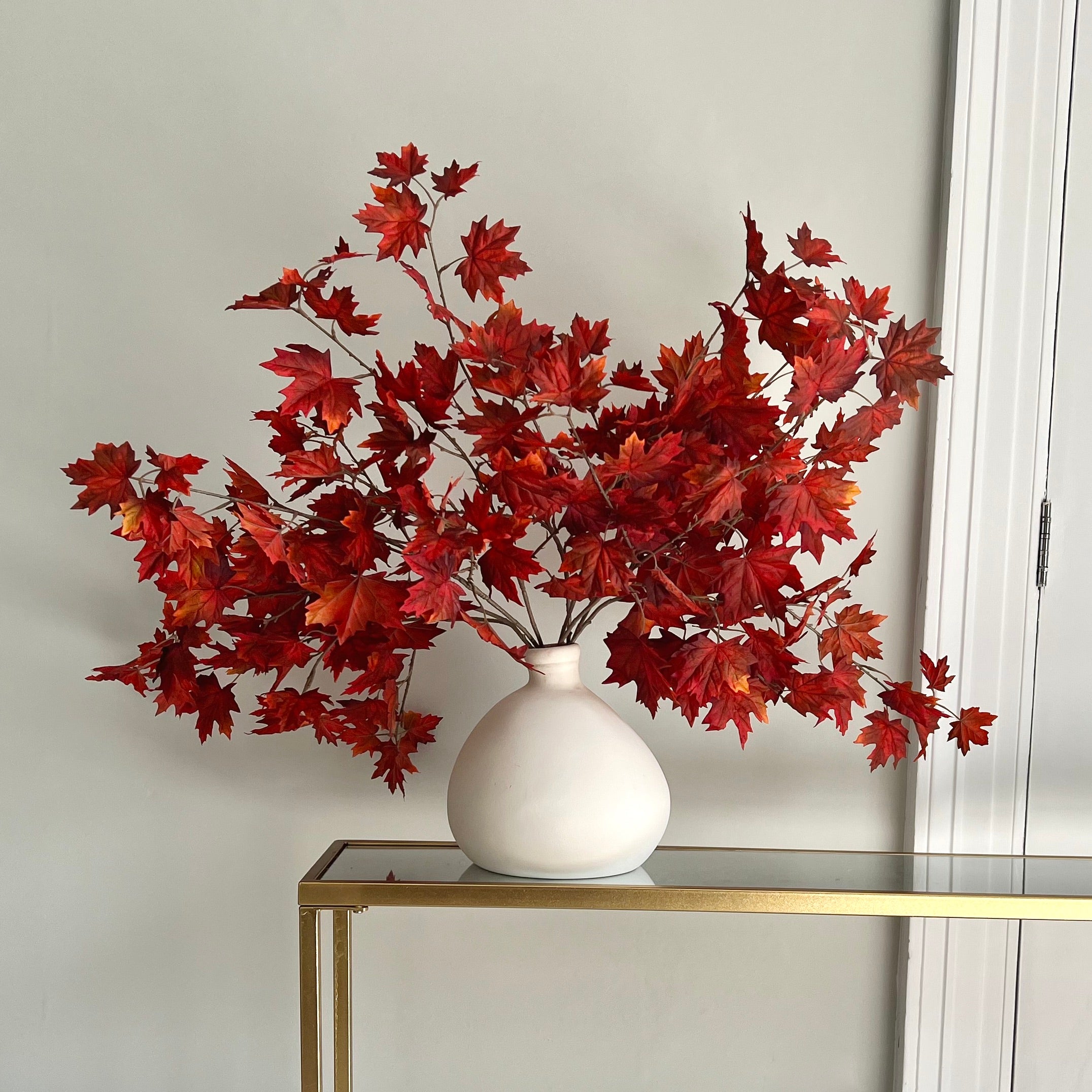 Luxury Lifelike Realistic Artificial Fabric Silk Luxury Flower Red Maple Leaves ABZ3202RD Autumn Stem with Foliage in Burford Vase ABP1747 Buy Online from The Faux Flower Company