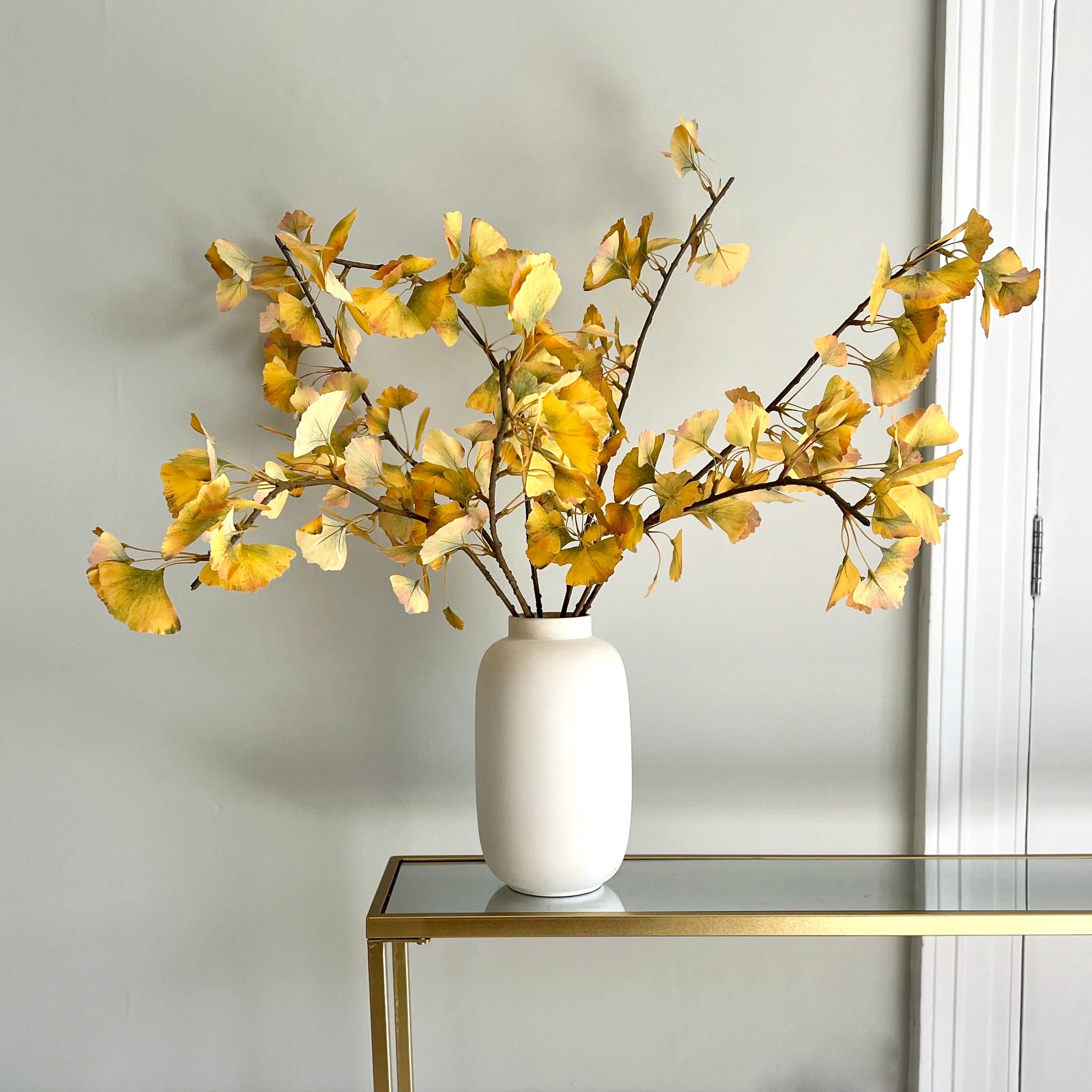 Luxury Lifelike Realistic Artificial Fabric Silk Luxury Flower Yellow Ginko Leaves ABX0643YL Autumn Stem with Foliage in Kingham Vase ABP04B3 Buy Online from The Faux Flower Company