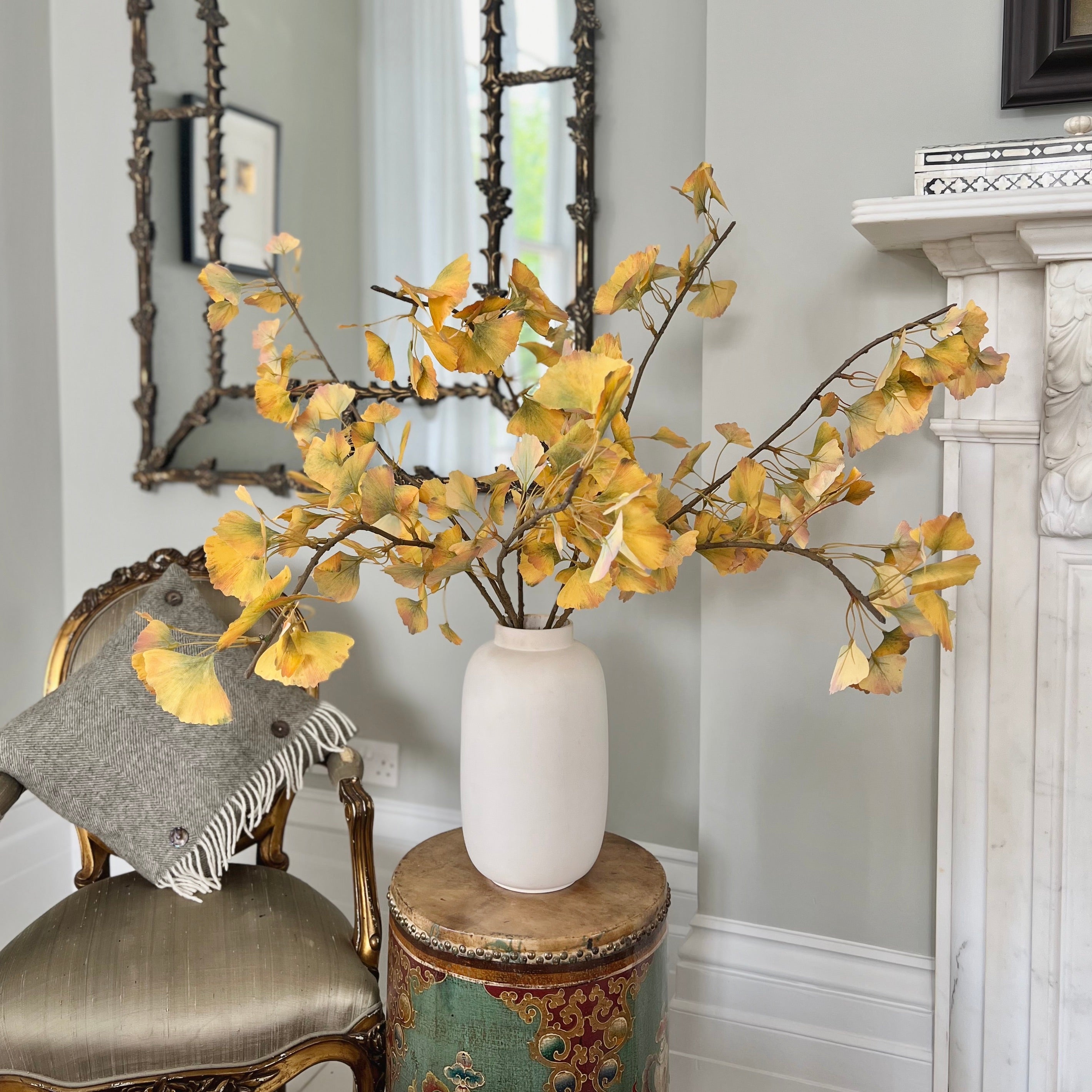 Luxury Lifelike Realistic Artificial Fabric Silk Luxury Flower Yellow Ginko Leaves ABX0643YL Autumn Stem with Foliage in Kingham Vase ABP04B3 Buy Online from The Faux Flower Company