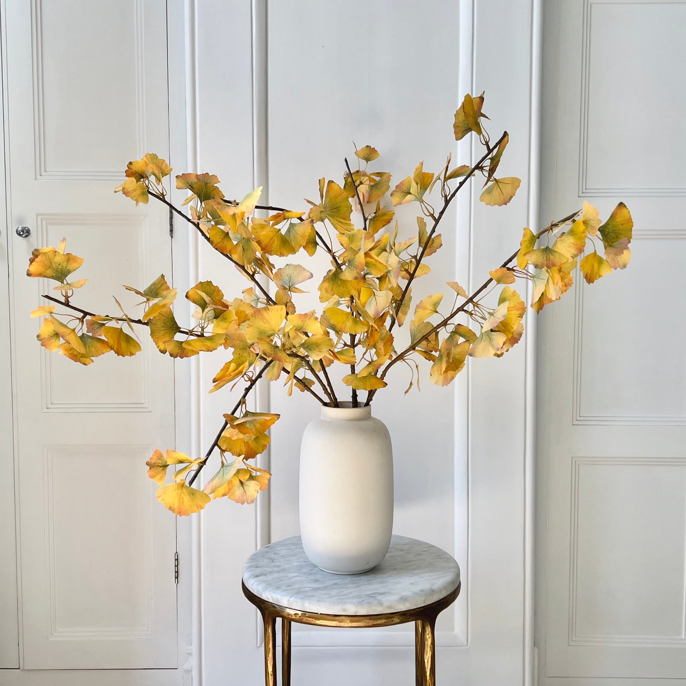 Luxury Lifelike Realistic Artificial Fabric Silk Luxury Flower Yellow Ginko Leaves ABX0643YL Autumn Stem with Foliage in Kingham Vase ABP04B3 Buy Online from The Faux Flower Company