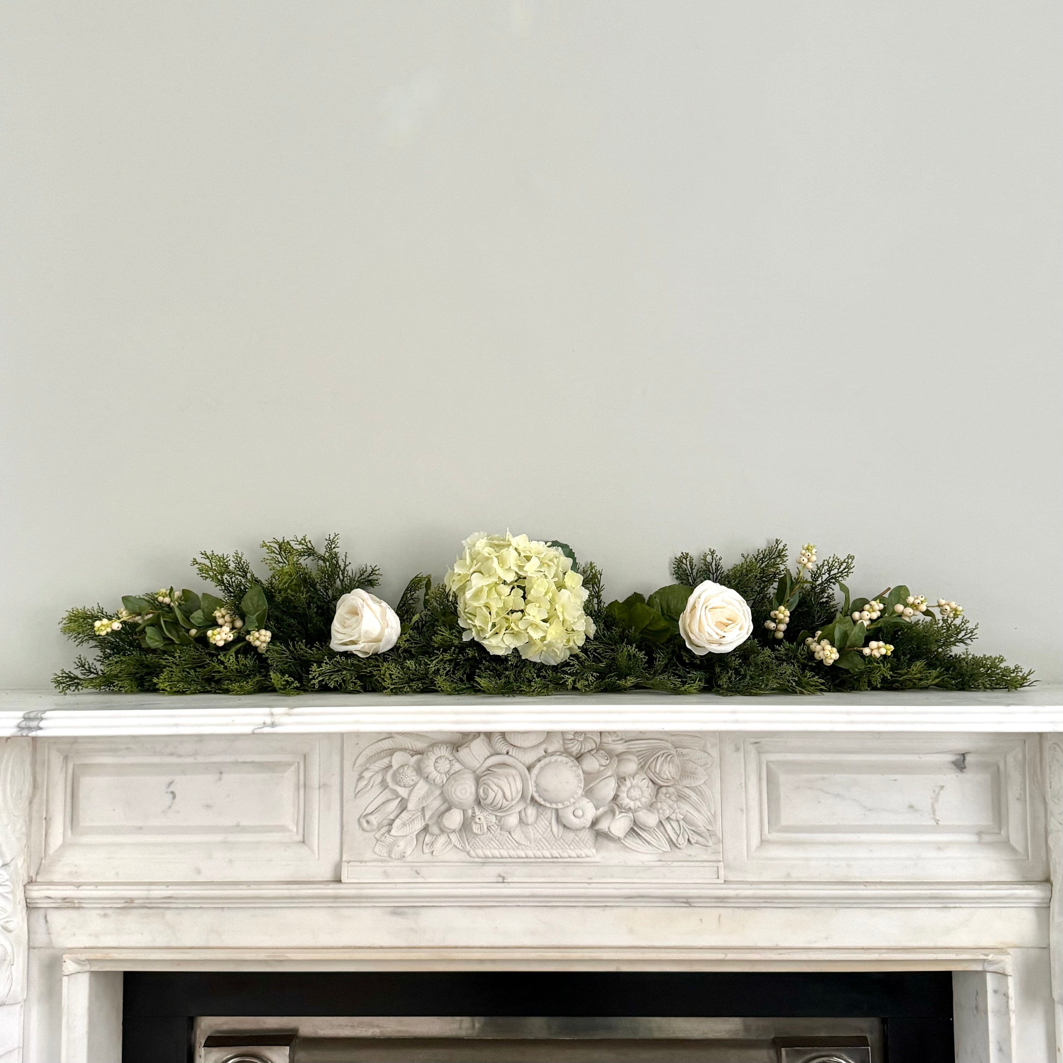 Luxury Lifelike Realistic Artificial Fabric Faux Silk Luxury Cypress Bush Winter Cream Garland with Faux Flowers and Foliage Buy Online from The Faux Flower Company