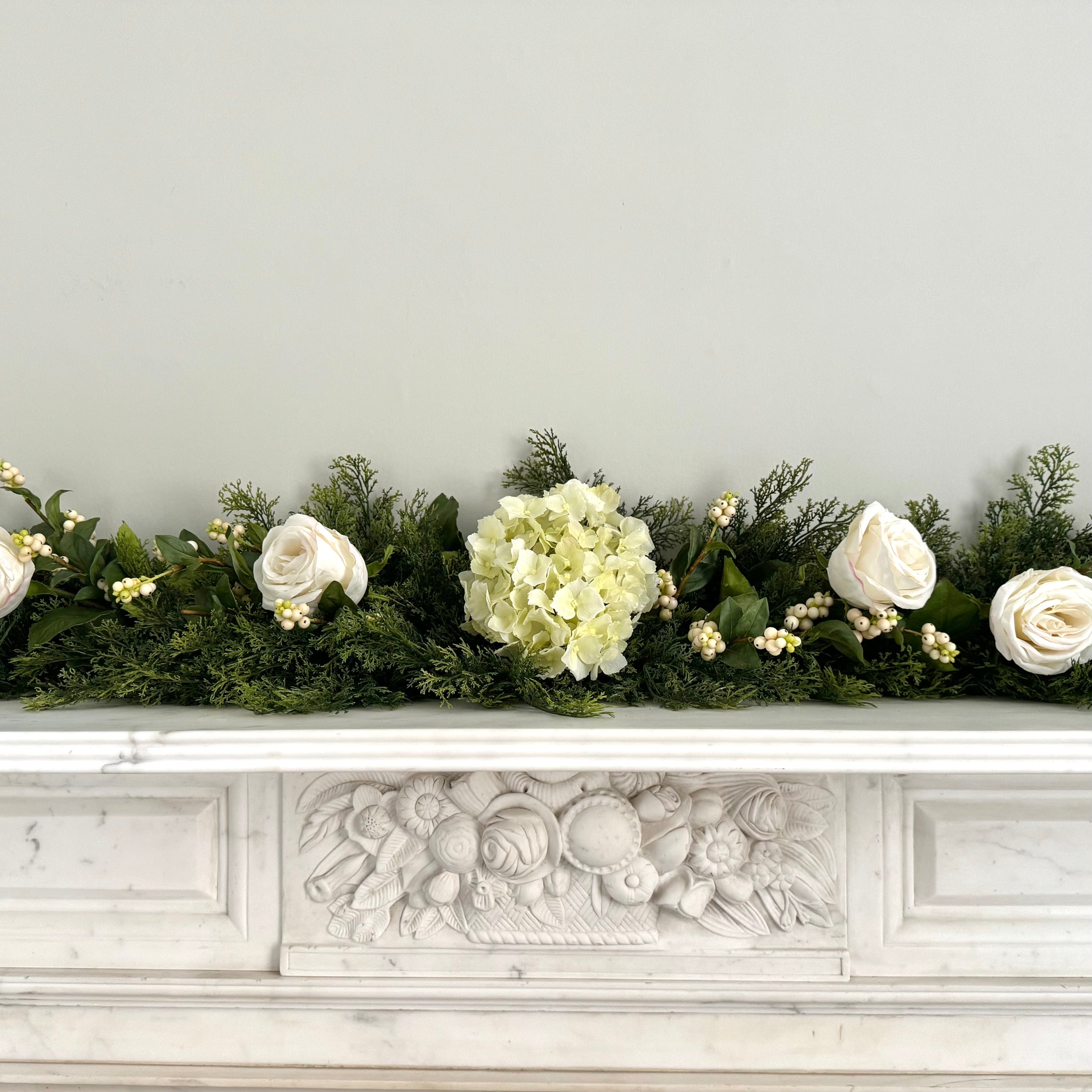 Luxury Lifelike Realistic Artificial Fabric Faux Silk Luxury Cypress Bush Winter Cream Garland with Faux Flowers and Foliage Buy Online from The Faux Flower Company