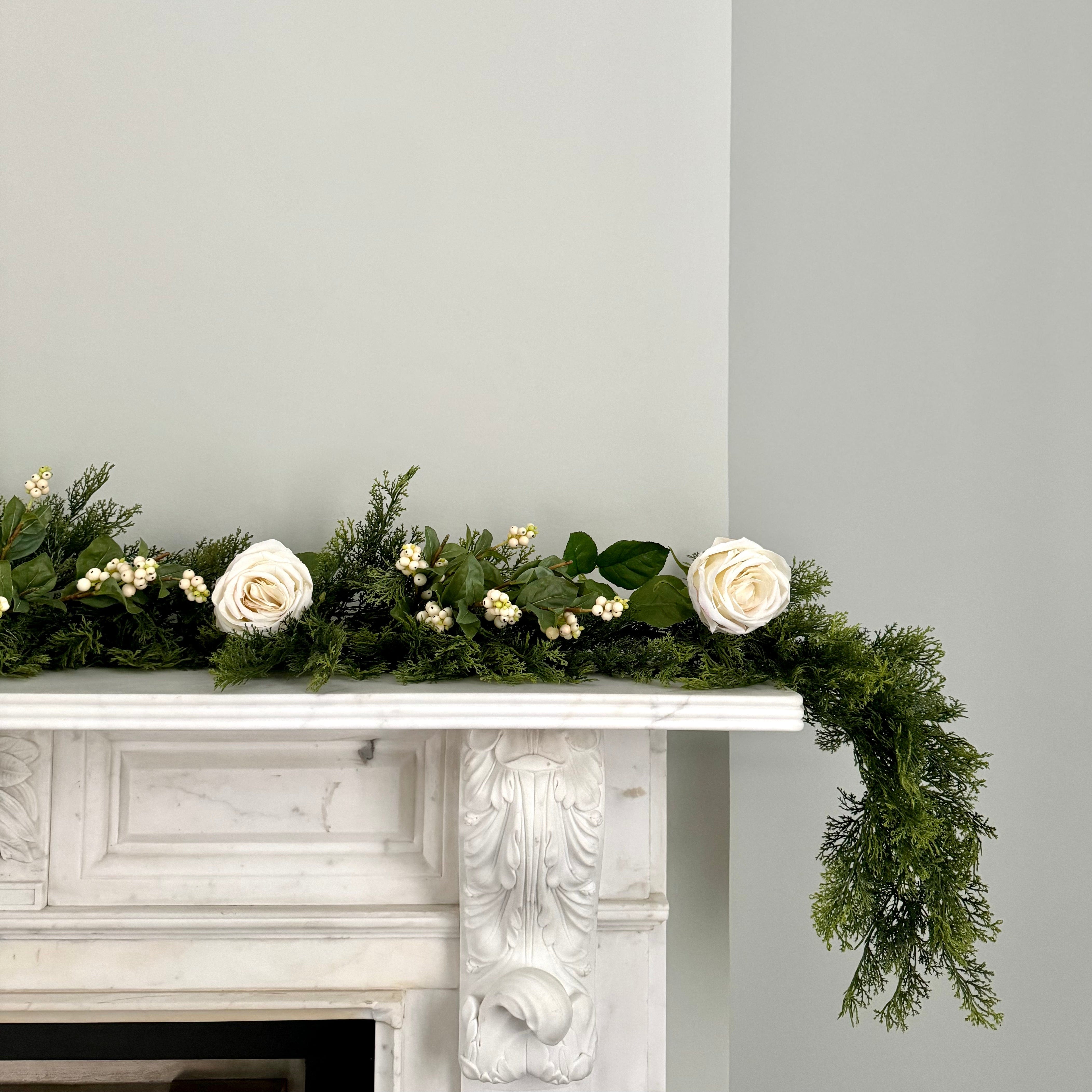 Luxury Lifelike Realistic Artificial Fabric Faux Silk Luxury Cypress Bush Winter Cream Garland with Faux Flowers and Foliage Buy Online from The Faux Flower Company