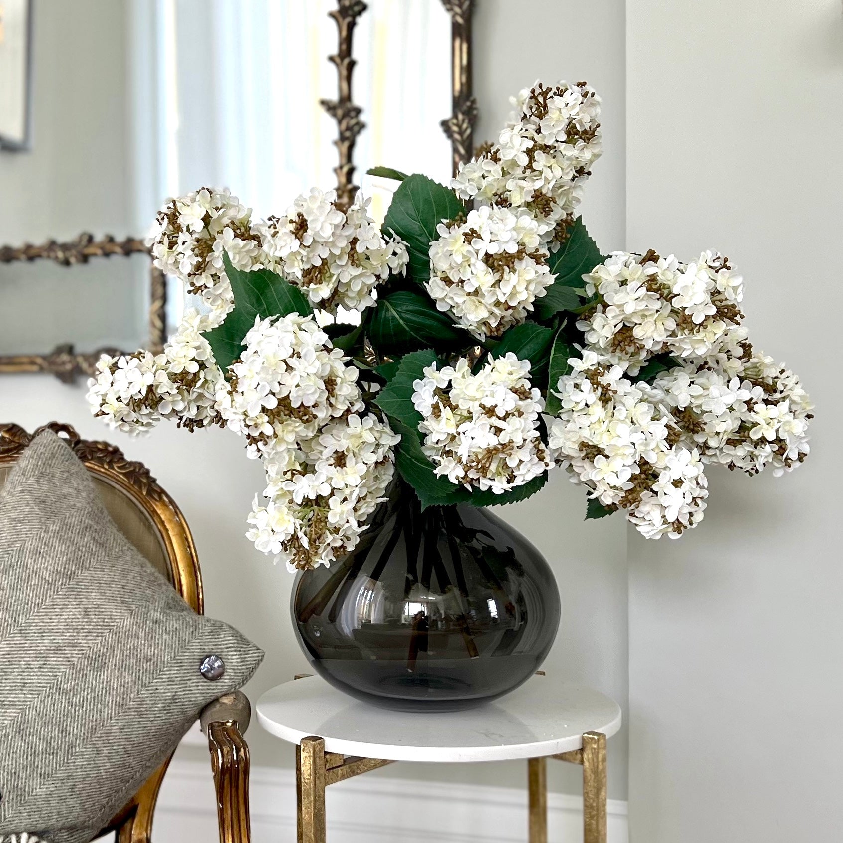 Luxury Lifelike Realistic Artificial Fabric Silk Luxury Flower White Paniculata Hydrangea ABX5004WH Autumn Stem with Foliage in Smoky Grey Bulb Vase ABV0203 Buy Online from The Faux Flower Company