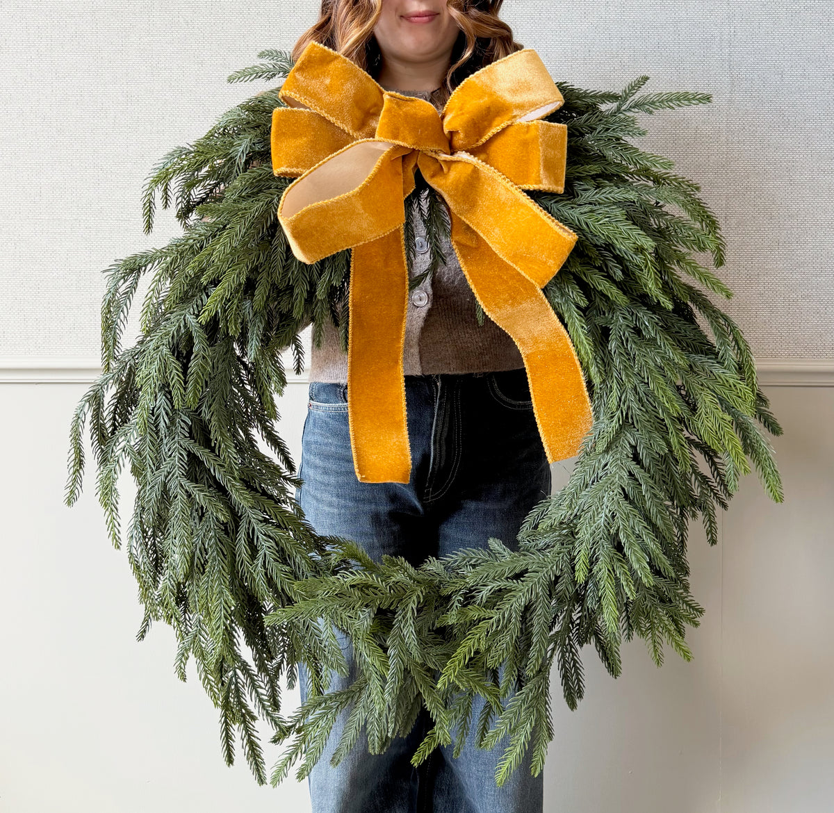 Realistic Artificial Extra Large Fir Wreath With Velvet Ochre Bow AHCH-3168 by The Faux Flower Company