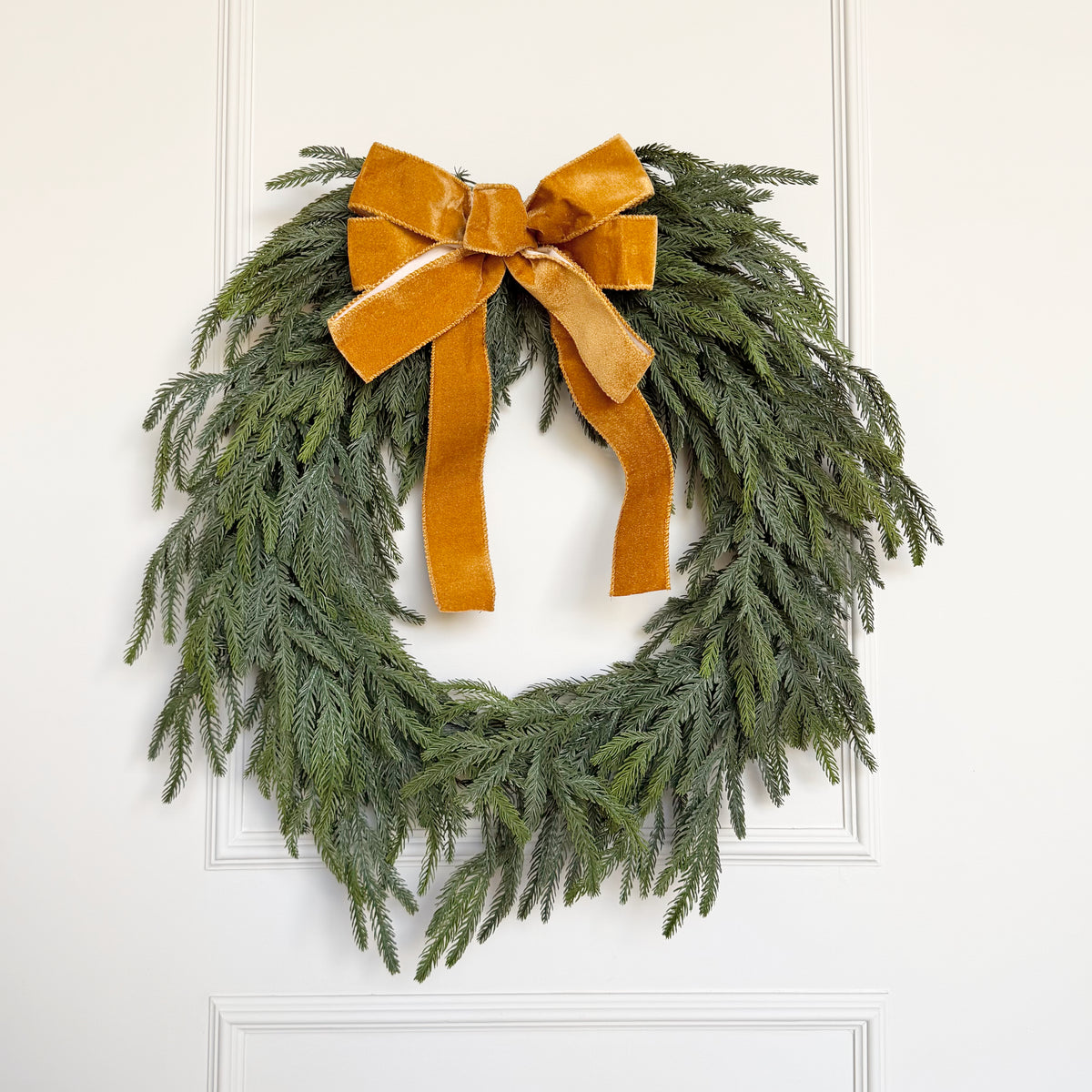Realistic Artificial Extra Large Fir Wreath With Velvet Ochre Bow AHCH-3168 by The Faux Flower Company