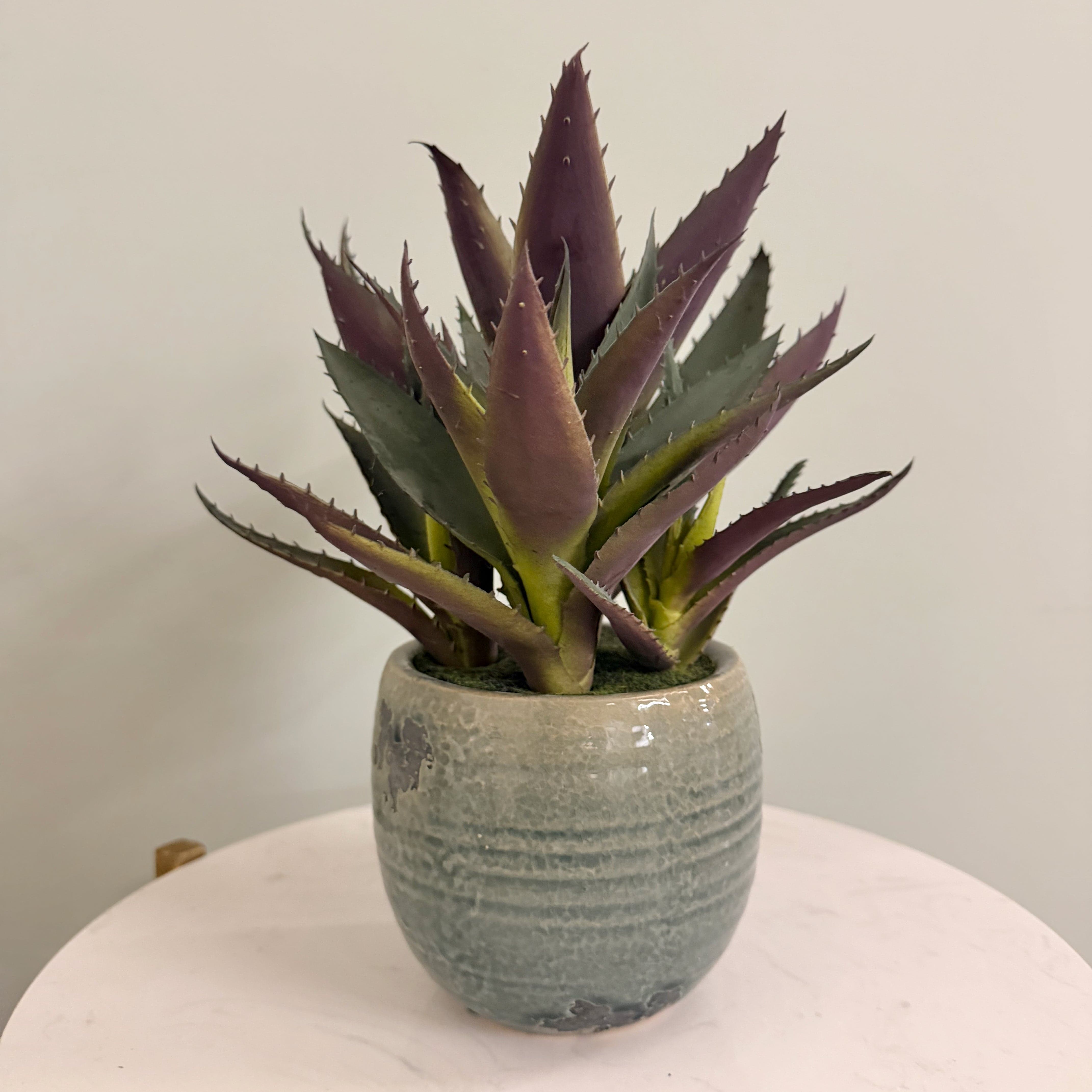 Artificial flowers luxury lifelike faux Artificial Green and Purple Aloe Vera in Blue Clay Pot realistic silk  buy online from The Faux Flower Company AHCH-1906