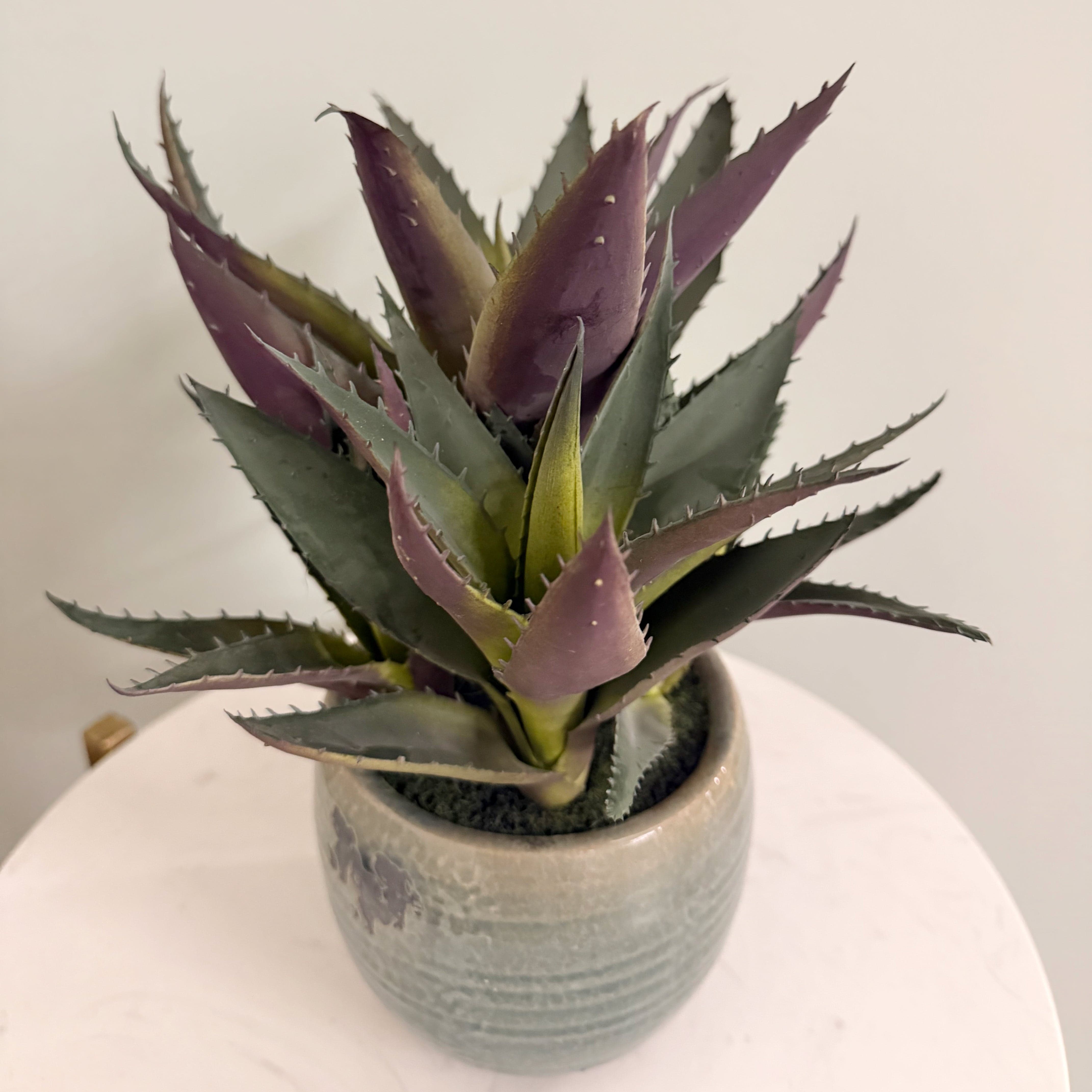 Artificial flowers luxury lifelike faux Artificial Green and Purple Aloe Vera in Blue Clay Pot realistic silk  buy online from The Faux Flower Company AHCH-1906