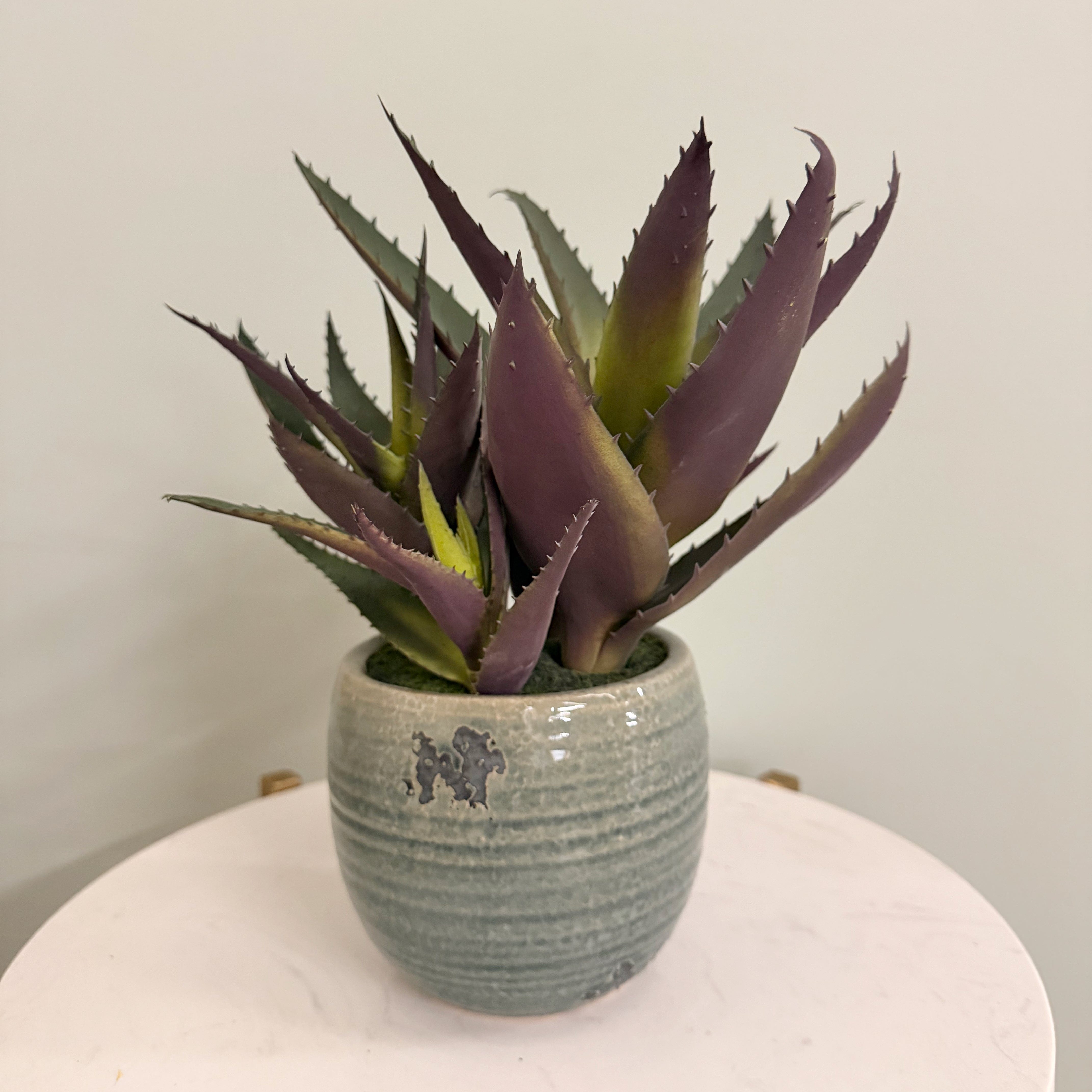 Artificial flowers luxury lifelike faux Artificial Green and Purple Aloe Vera in Blue Clay Pot realistic silk  buy online from The Faux Flower Company AHCH-1906